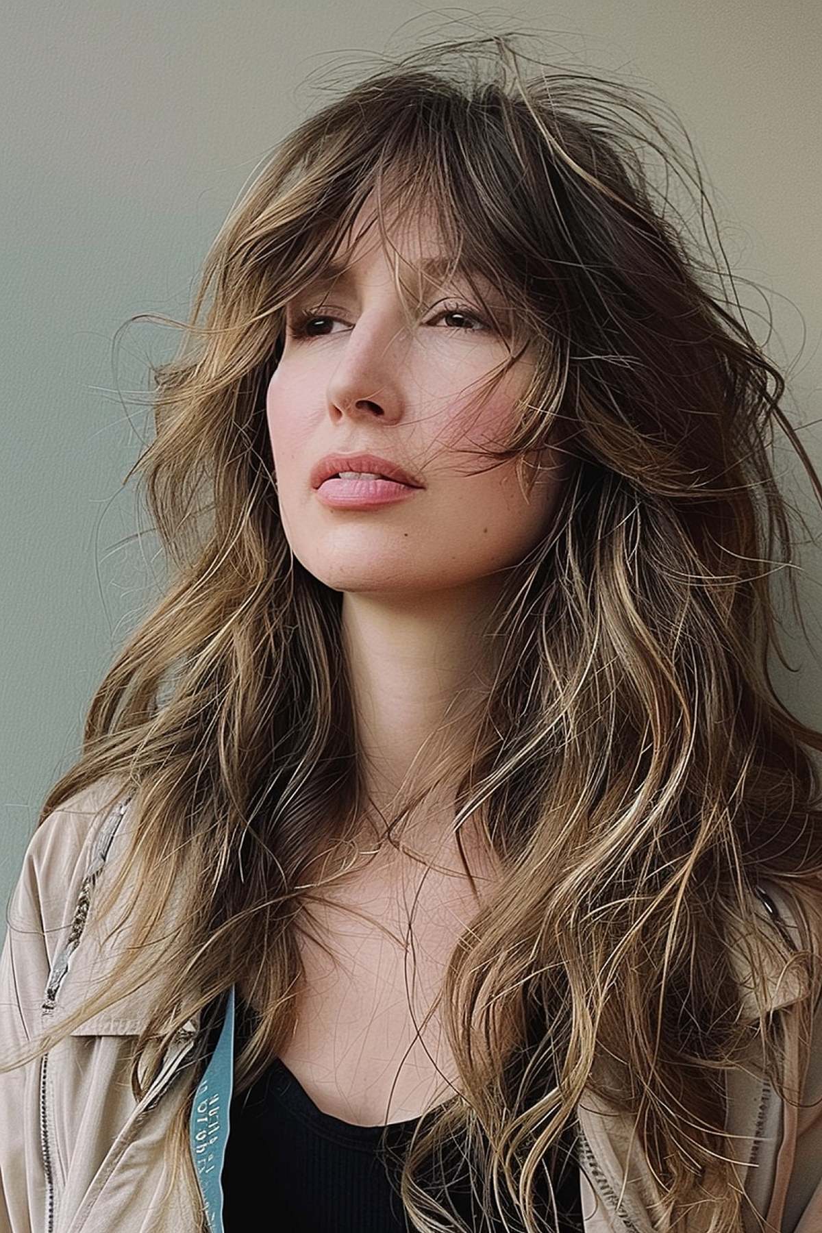 Long wavy wolf haircut with choppy layers and bangs