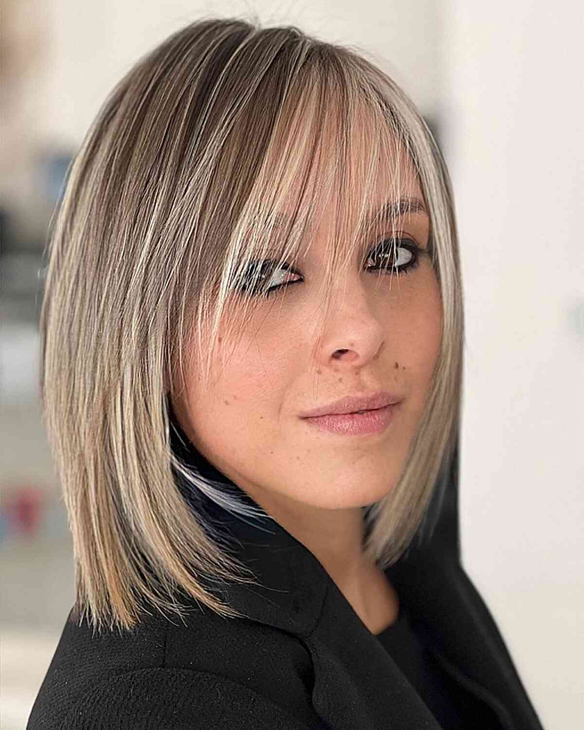 Long Wispy Fringe on a Long Bob for women with thin hair and balayage