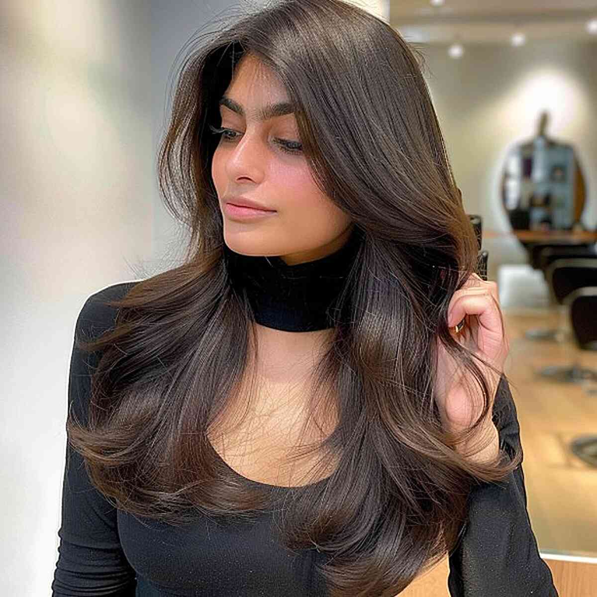 Magical long hair with a deep side part for straight hair