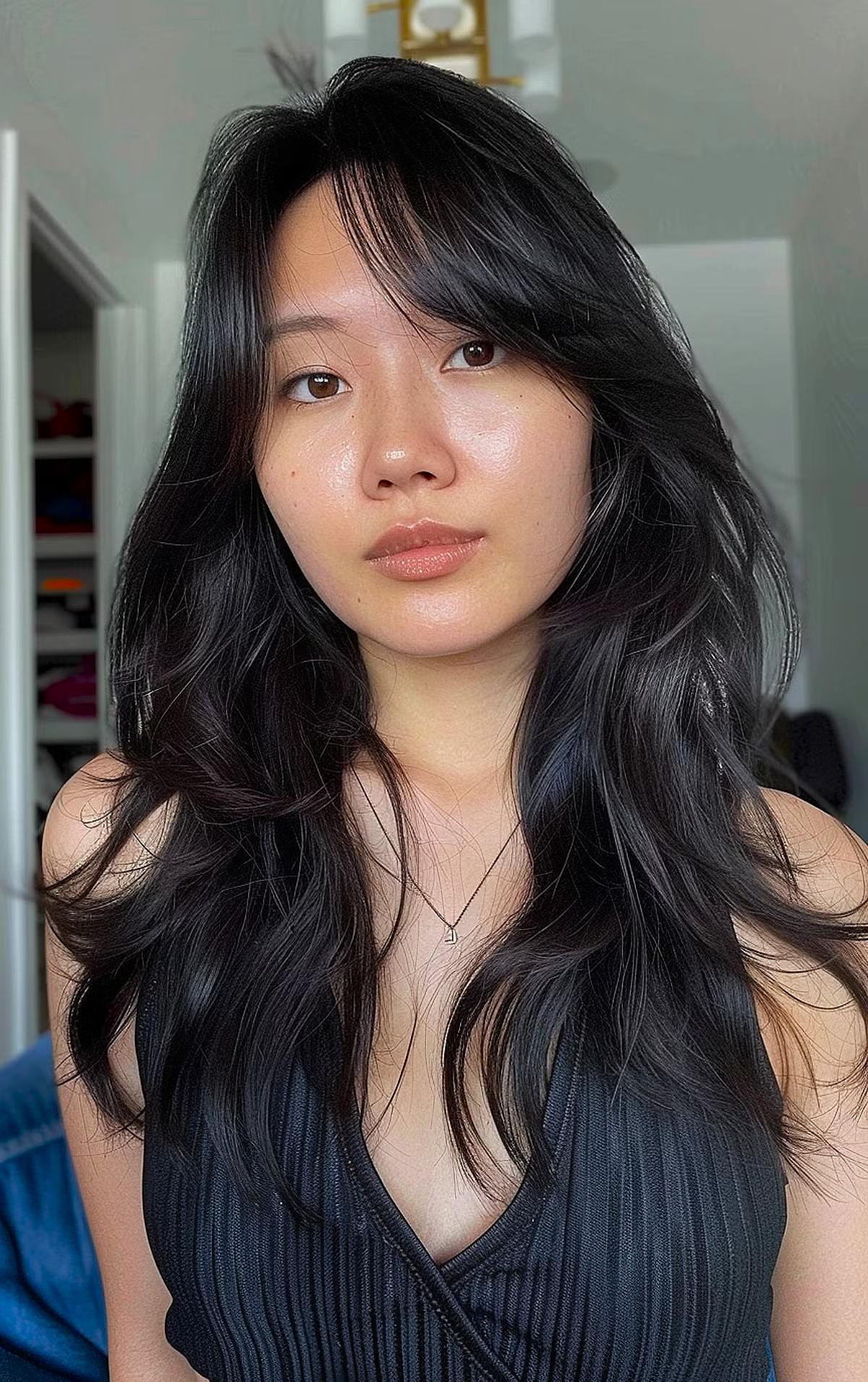 long wolf cut with textured layers for asian women