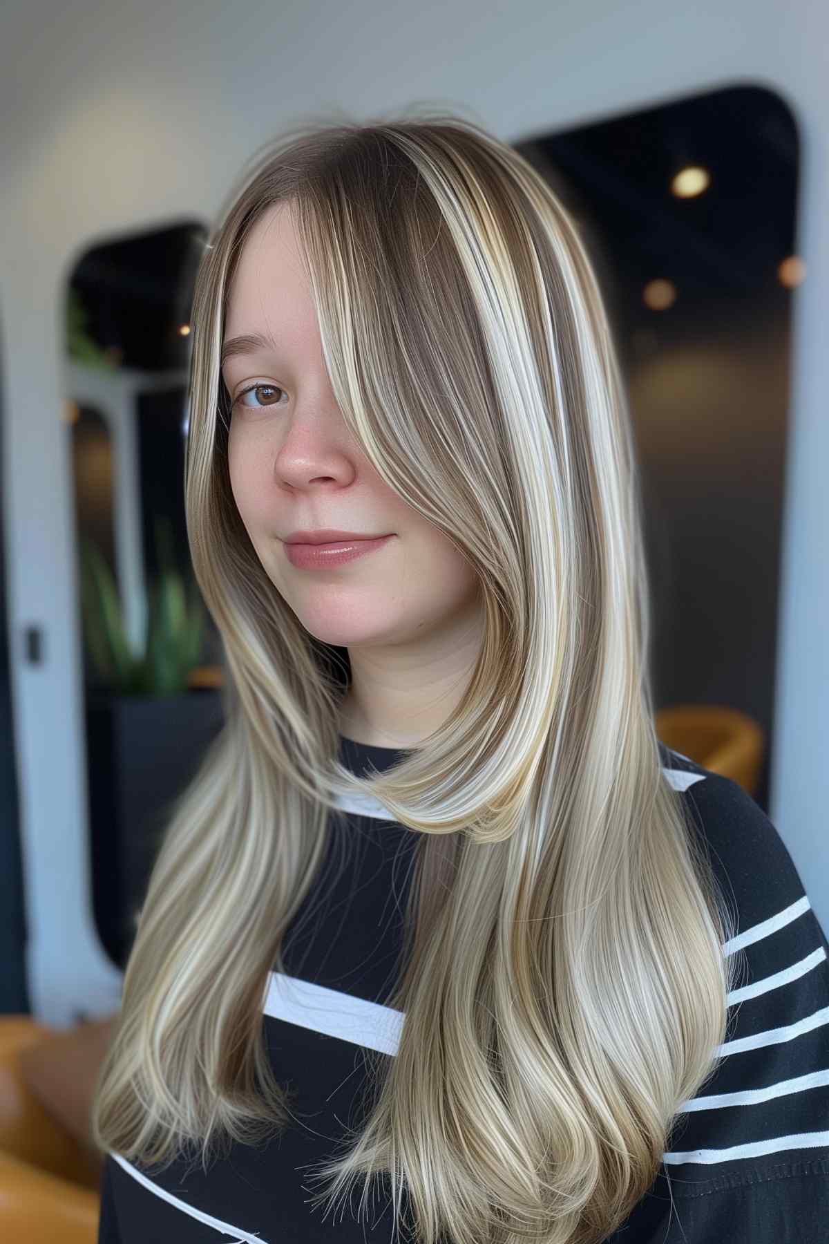 Woman with long Y2K layered haircut and blonde money piece highlights