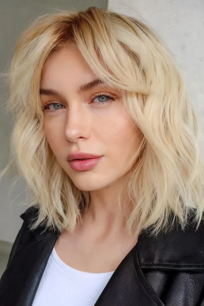 A Longer blunt bob with curtain bangs