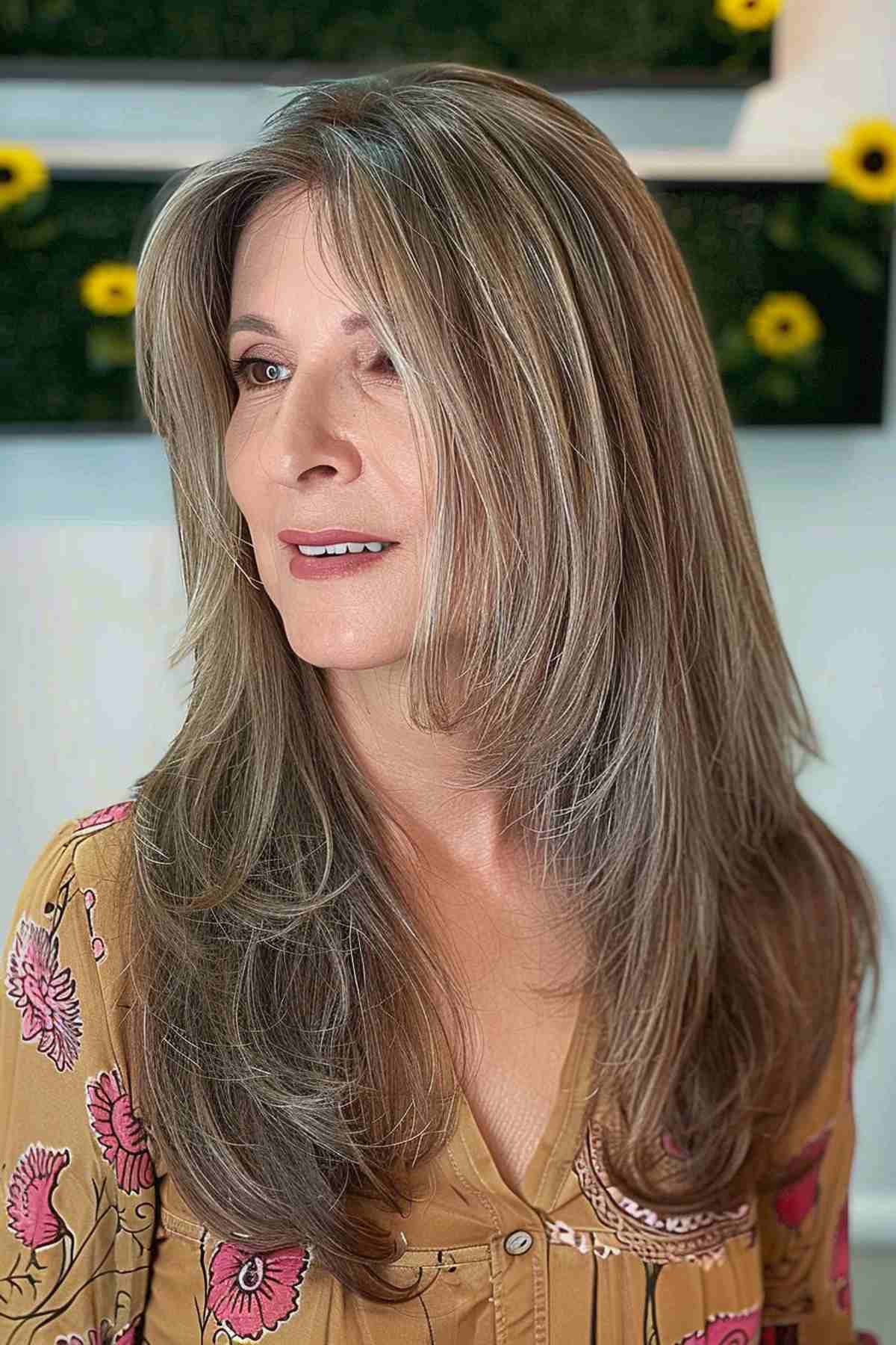 Longer face-framing layers for women over 50 with straight hair.