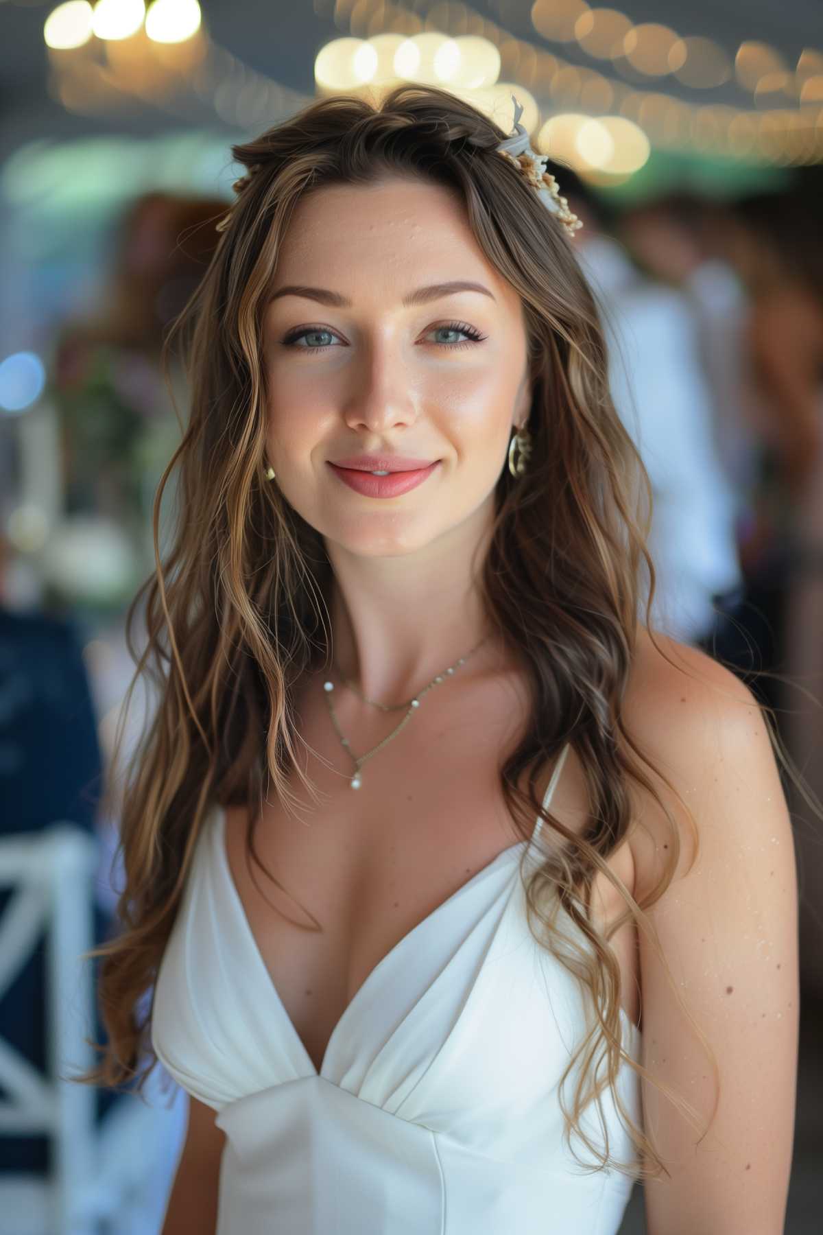 Woman with long, loose curls and a hair accessory, ideal for a wedding guest hairstyle