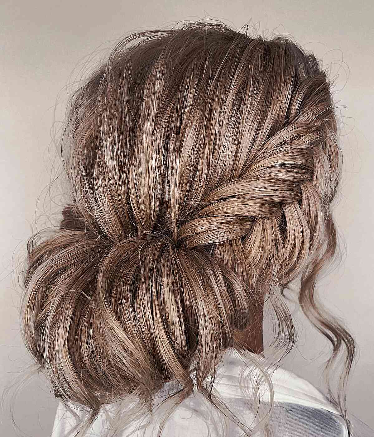 Loose Low Bun with a Fishtail Braid Updo for Long Hair