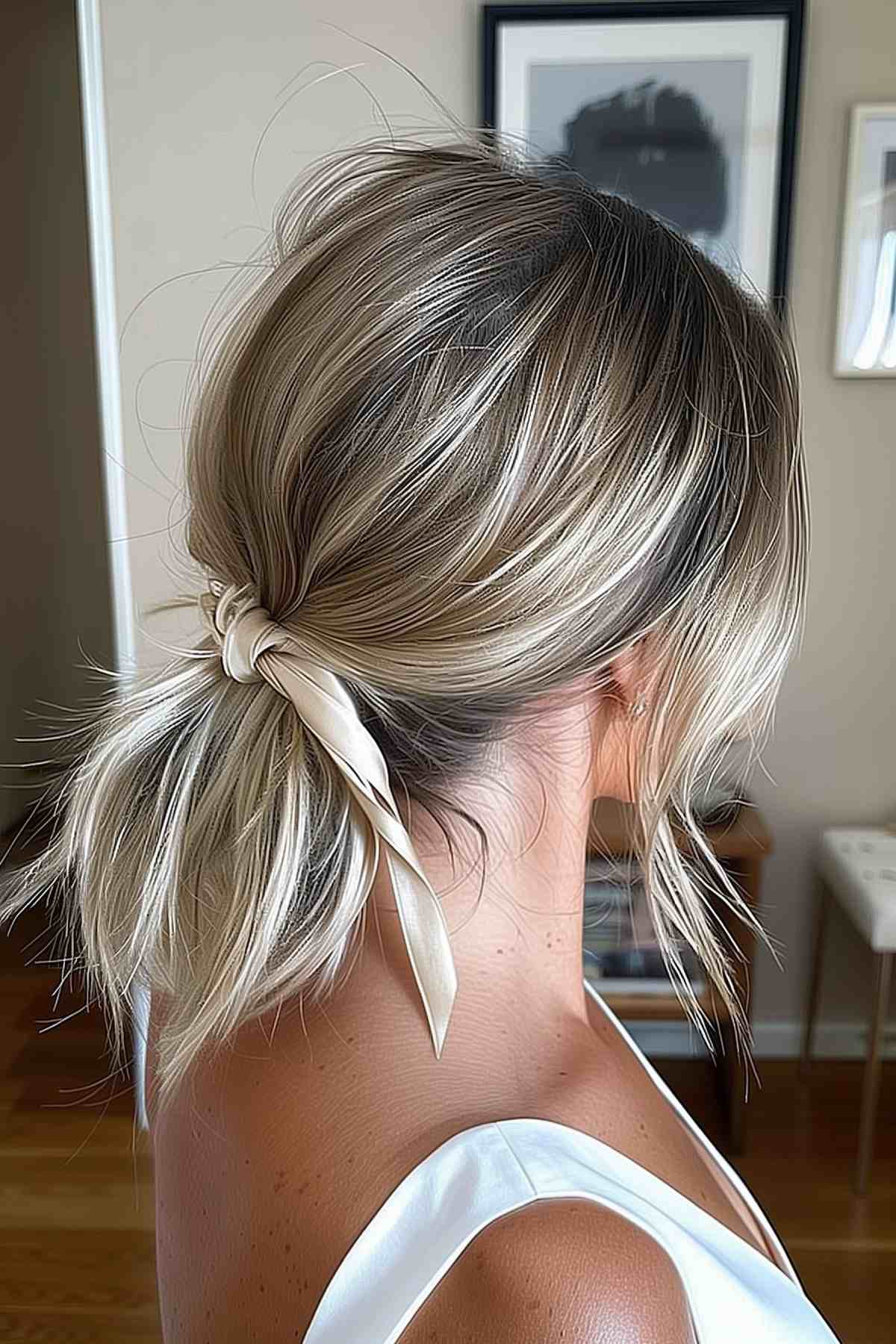 Casual yet stylish loose low ponytail secured with a creamy satin ribbon, ideal for a relaxed yet fashionable look.