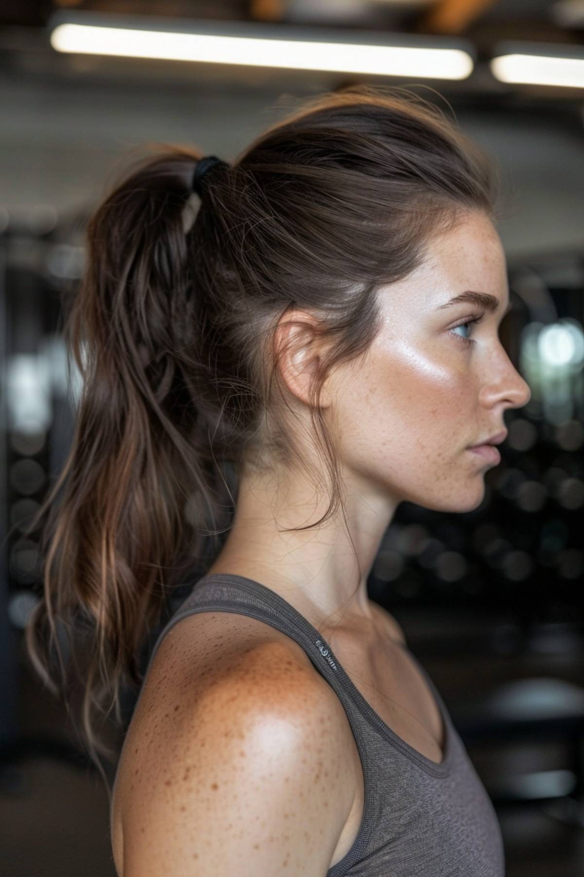 Loose ponytail hairstyle for thin hair, ideal for gym workouts