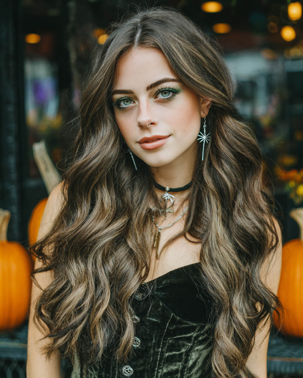 Long loose waves with deep side part, elegant Halloween hair idea