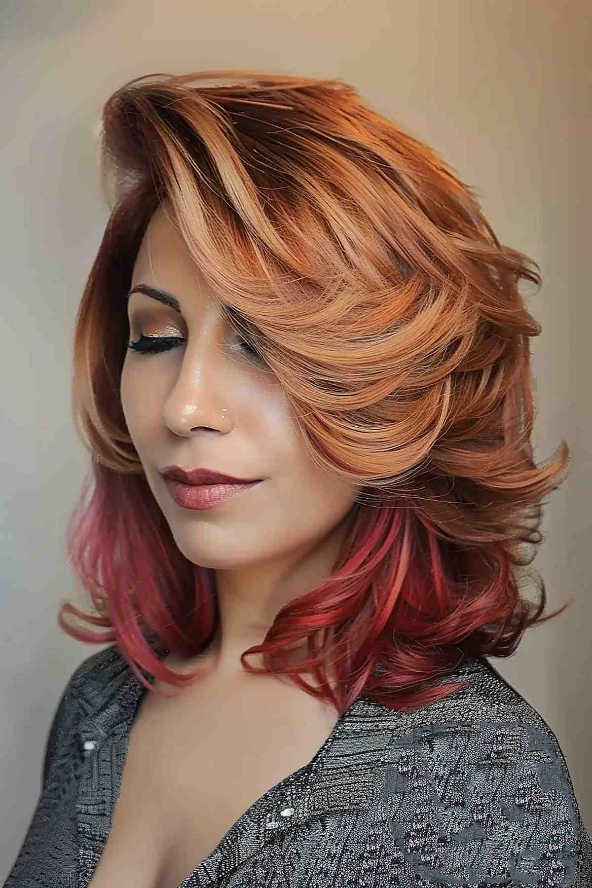 Lovely feathered hair cut with copper and pink layers for medium-length hair. 