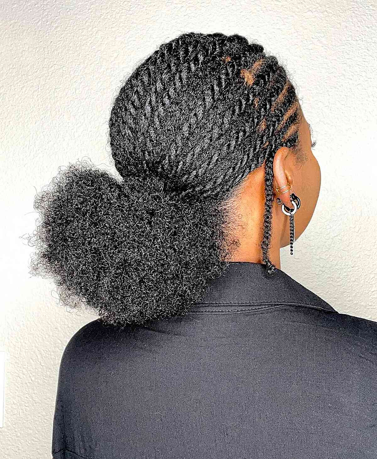 Mid-Length Low Afro Pony Updo with Flat Twists on a Black Woman