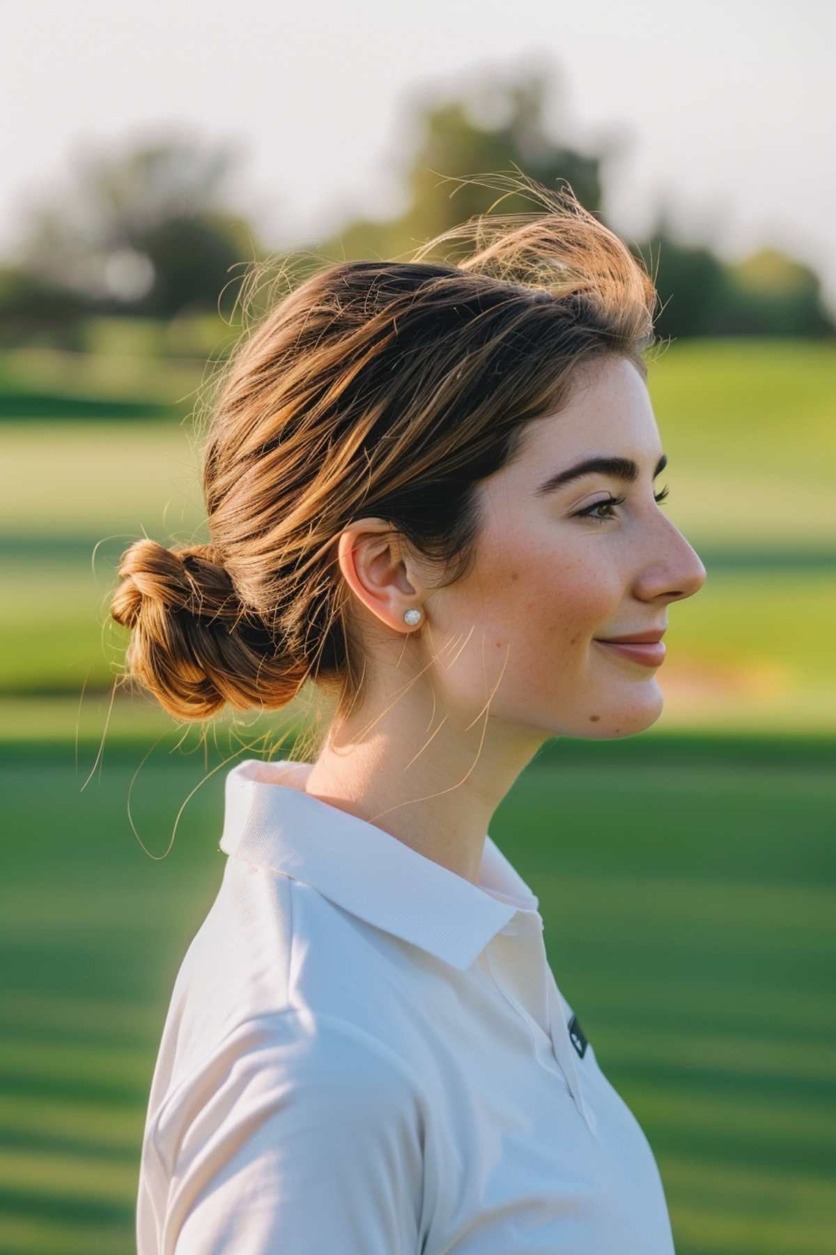 Woman with low bun for thick hair, golf hairstyle