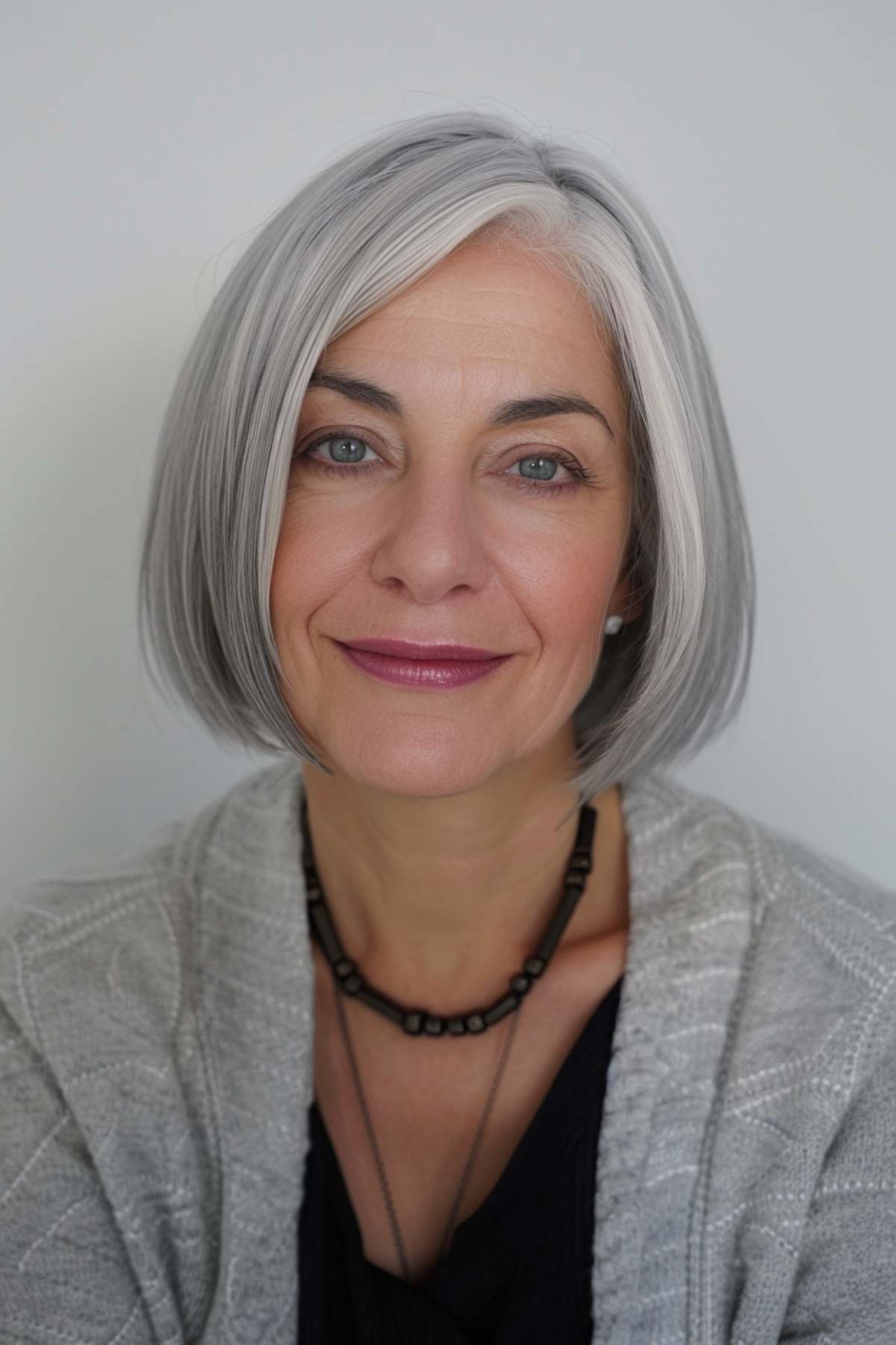 Chin-length low-maintenance silver bob, suitable for fine to medium hair types