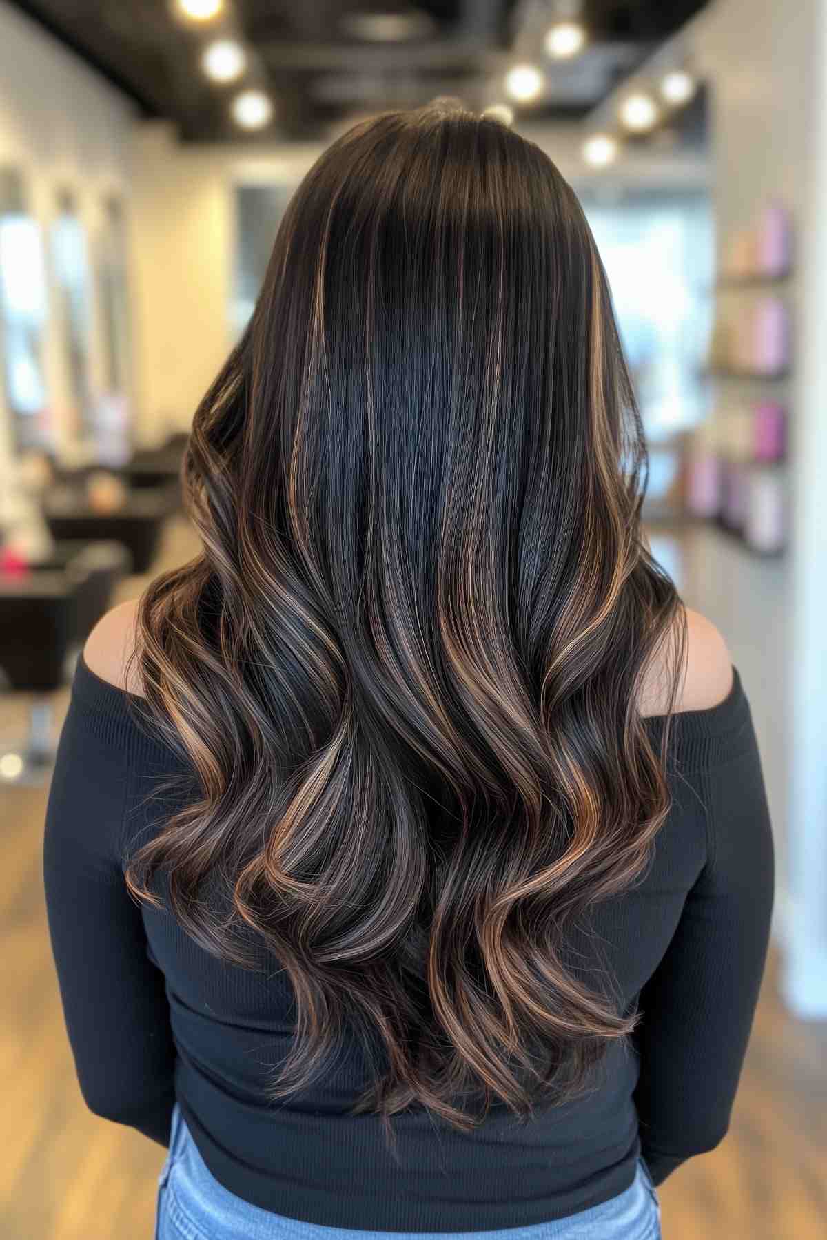 low maintenance black hair with warm caramel balayage