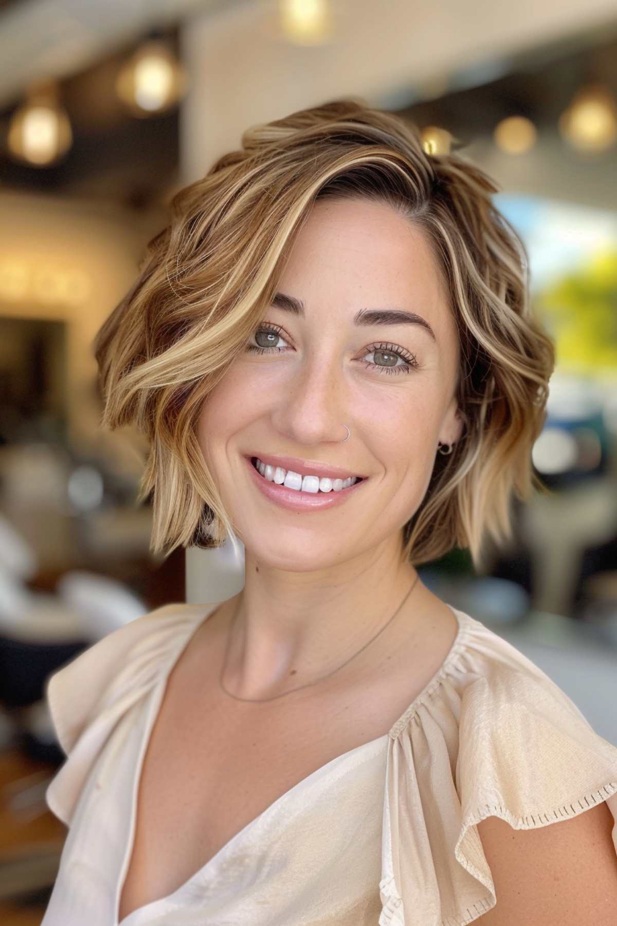 Low-maintenance bob with textured layers and side part