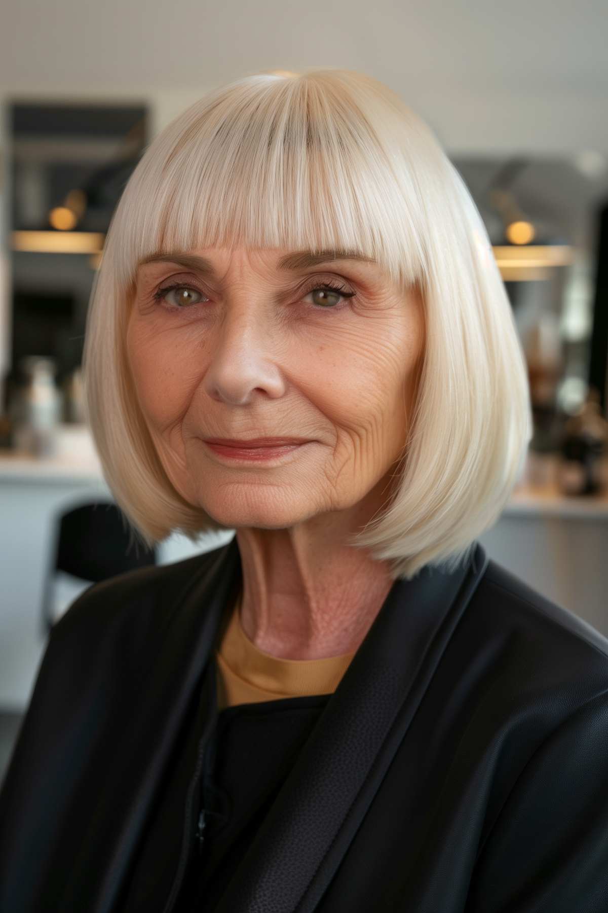 Older woman with a bob haircut and arched bangs