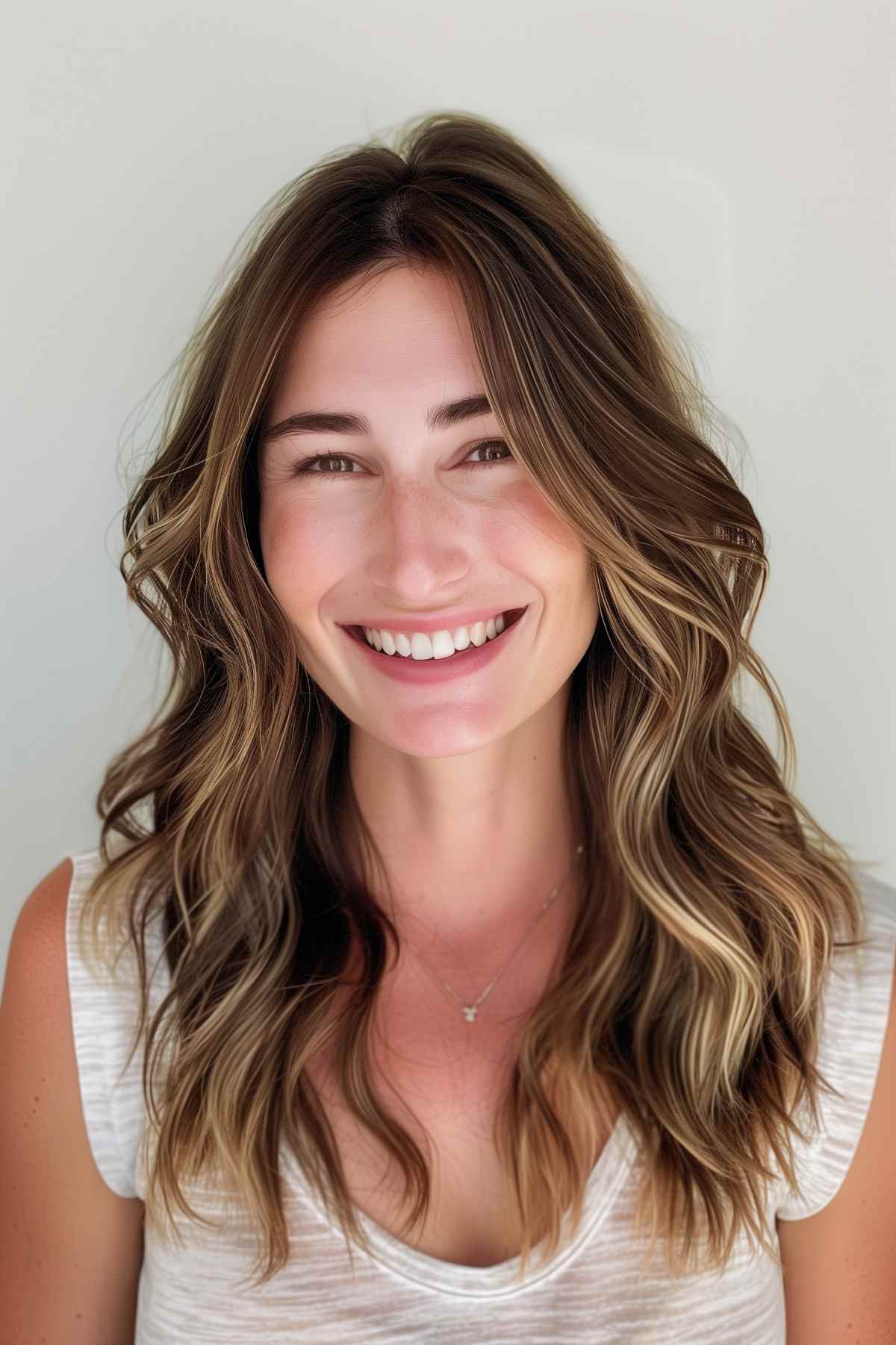 Medium-length low-maintenance choppy shag hairstyle with soft waves and balayage highlights