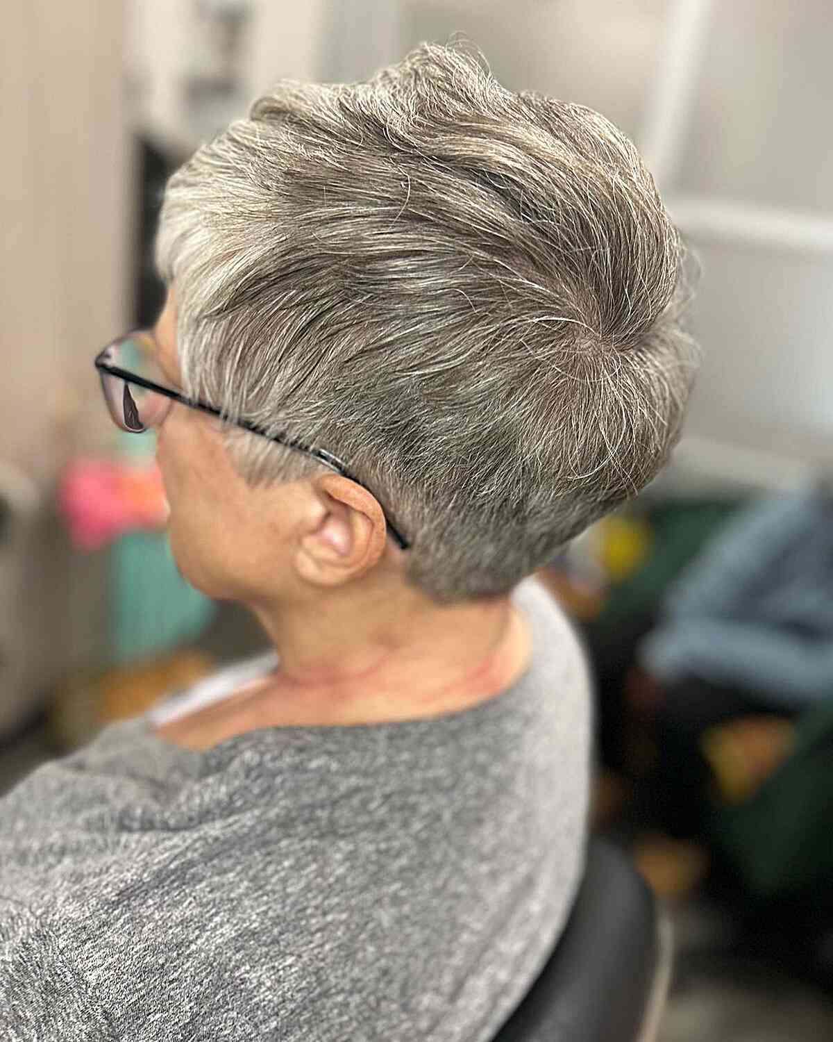 Low-Maintenance Short Gray Tapered Pixie for Older Women with Glasses