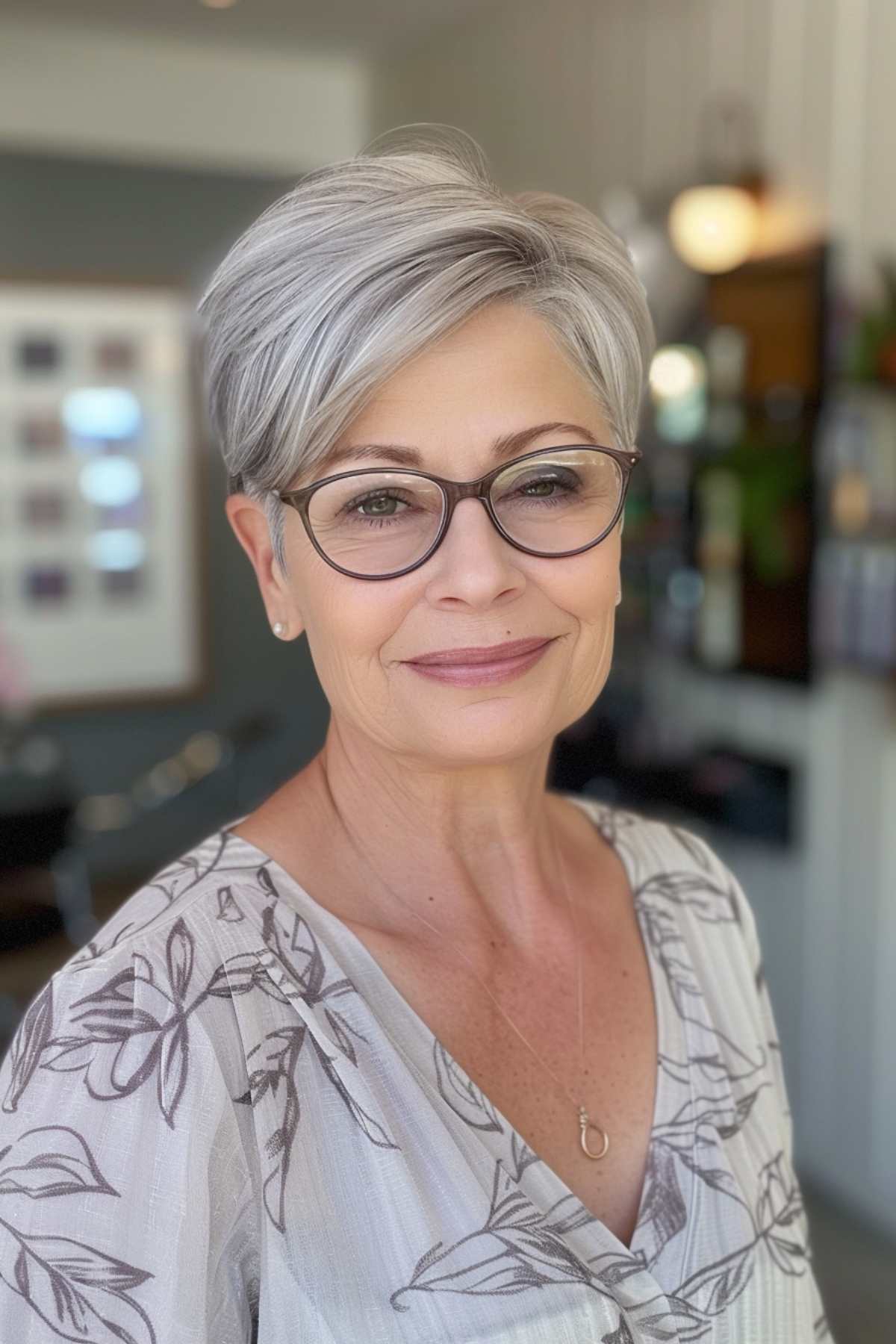 Older woman with glasses wearing a low maintenance grey pixie cut for thin hair