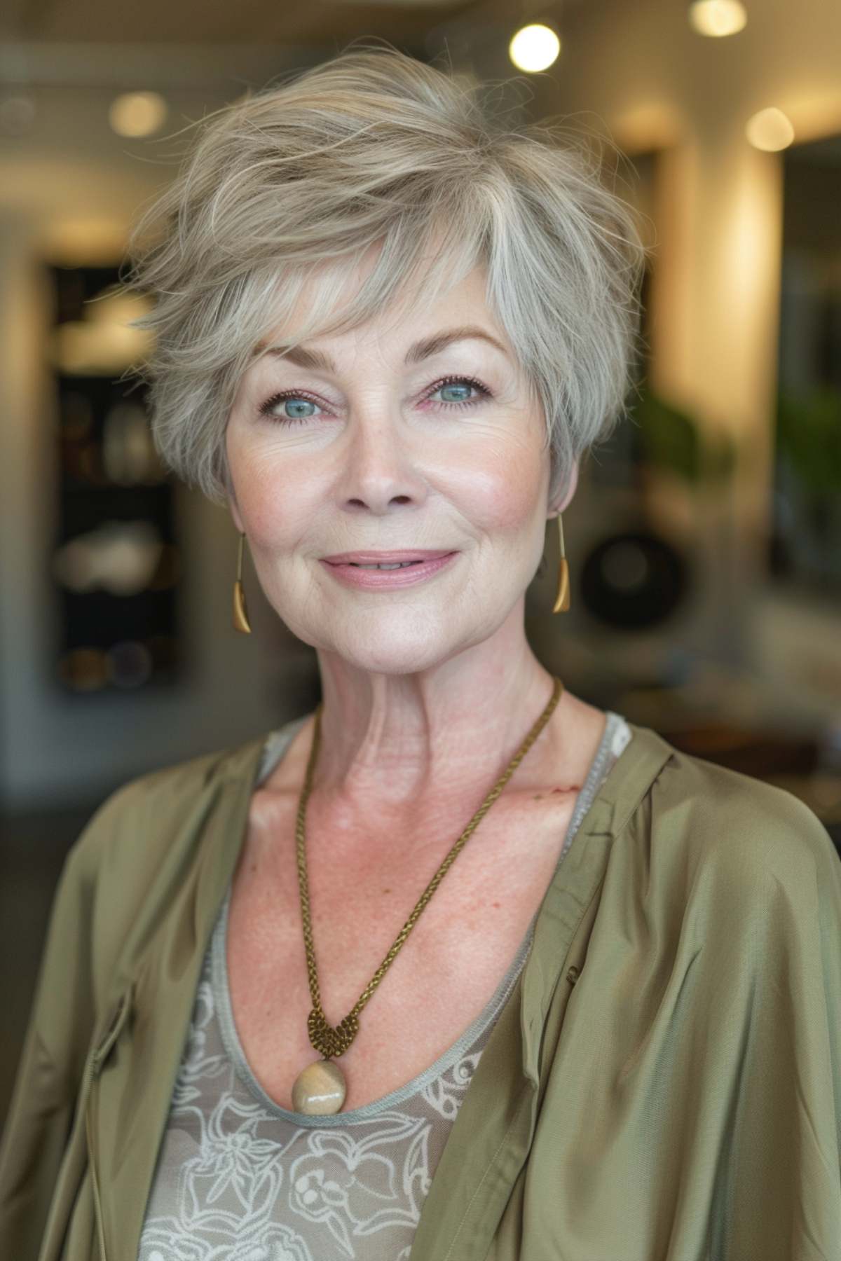 Woman with a low-maintenance layered pixie cut and side bangs, featuring natural gray highlights