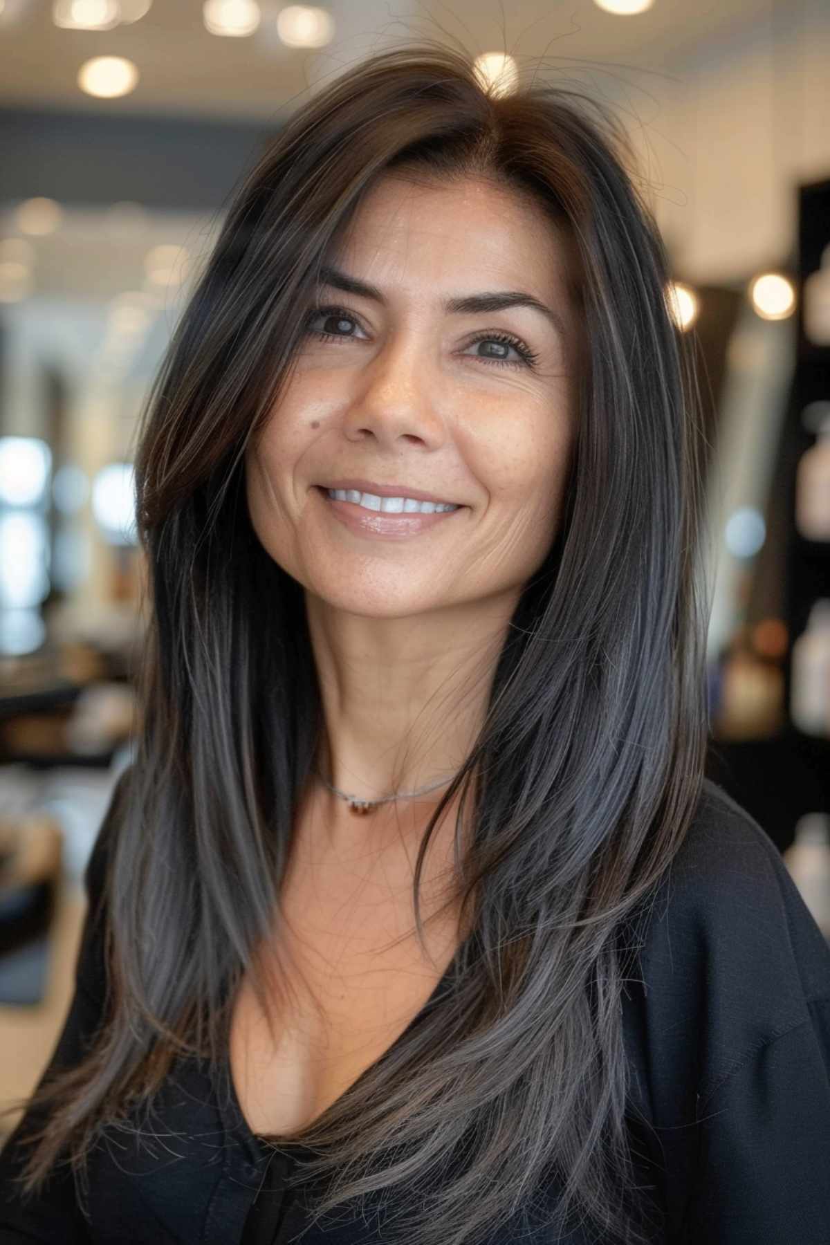 low maintenance long hair with a middle part, perfect for asian women over 50