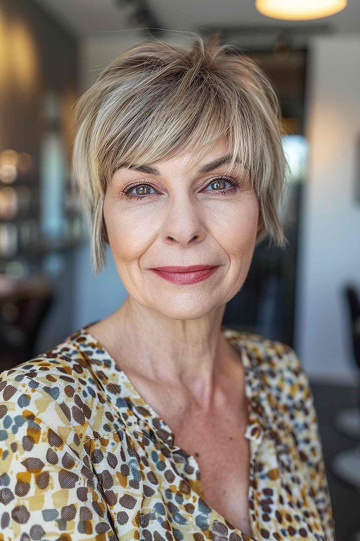 Woman with a low-maintenance pixie bob, fine hair, and soft bangs