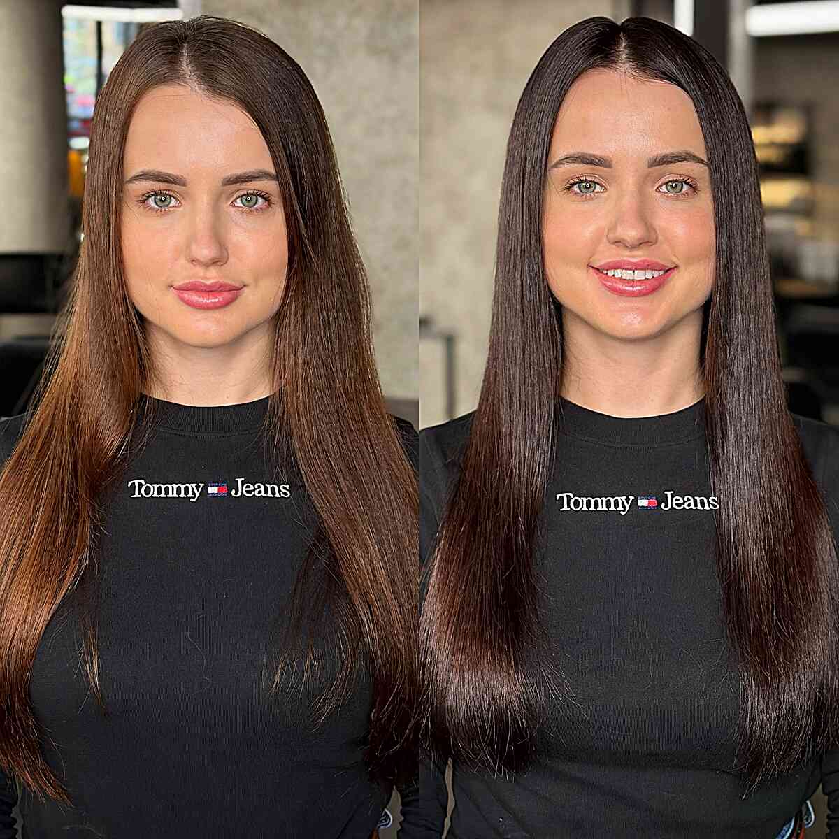 Low-Maintenance Long, Shiny Brunette Hair with a Middle Part