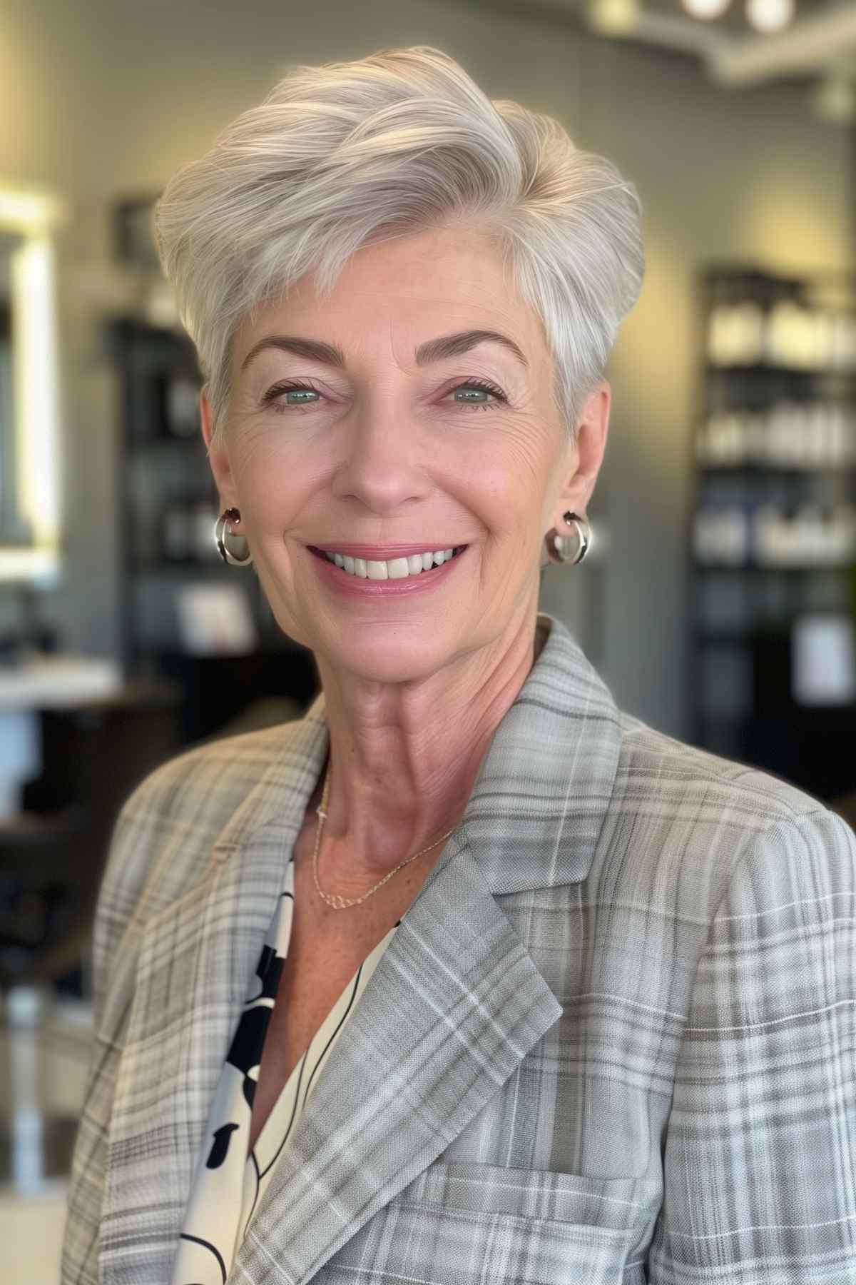 Short pixie cut with soft layers in silver-gray color for women over 60