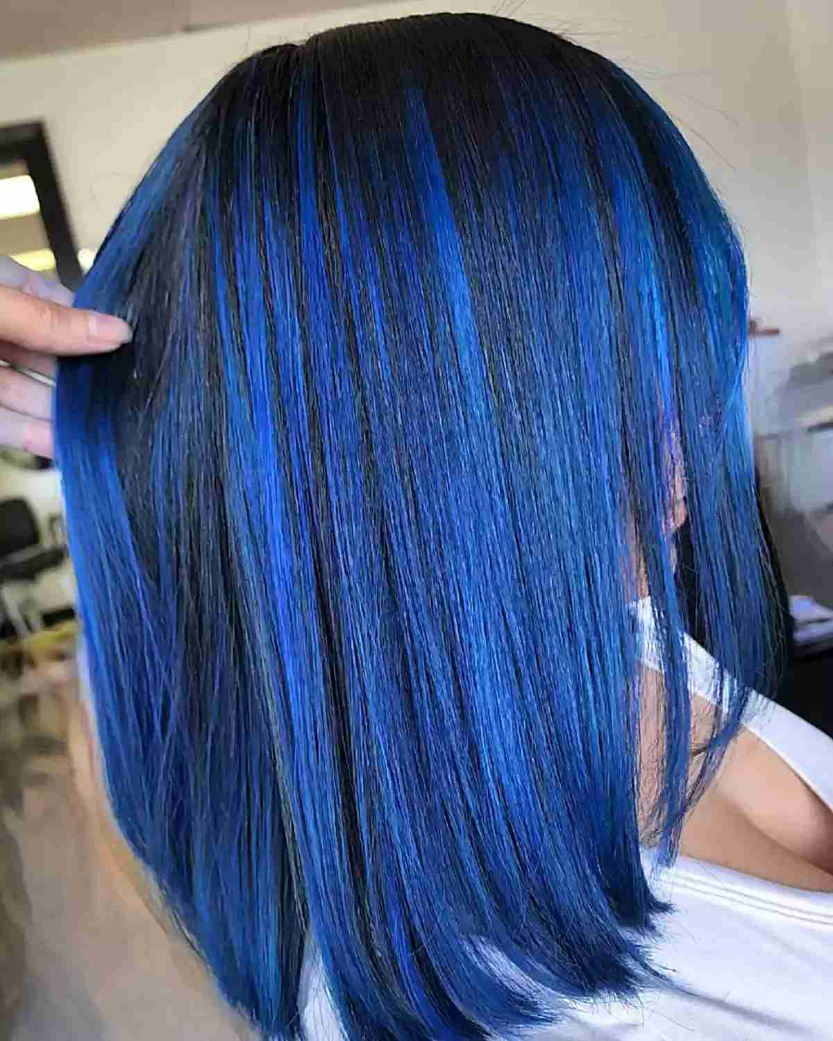 Low-Maintenance Rich Blue Balayage Highlights on Dark Roots for Mid-Length Hair