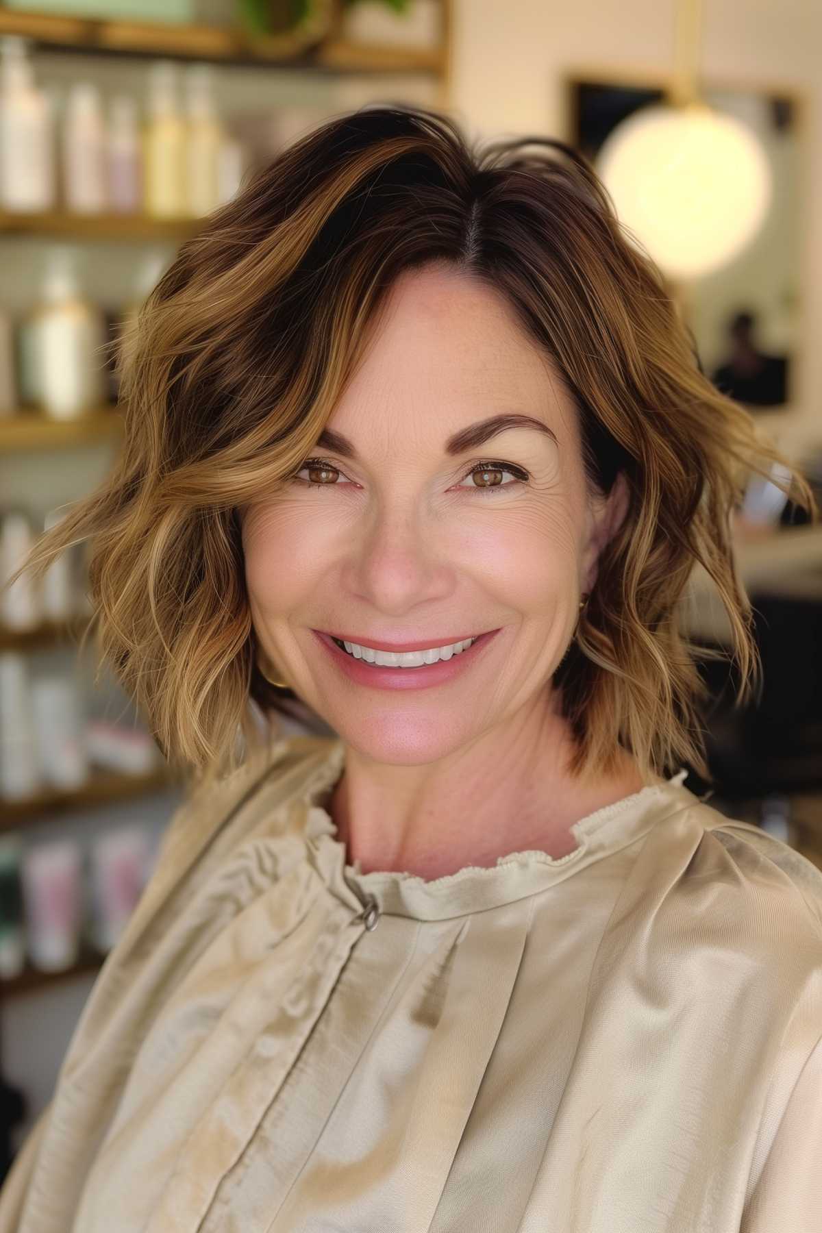 Low-maintenance shaggy bob for women over 50 with fine hair