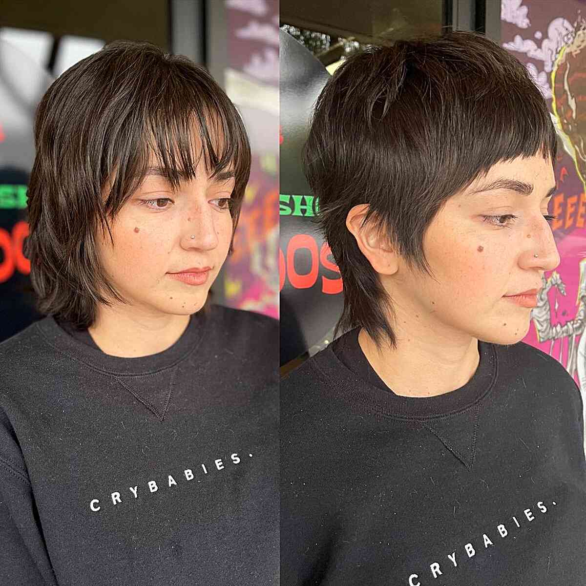 Low-Maintenance Shaggy Pixie Style with Bangs for women with long sideburns
