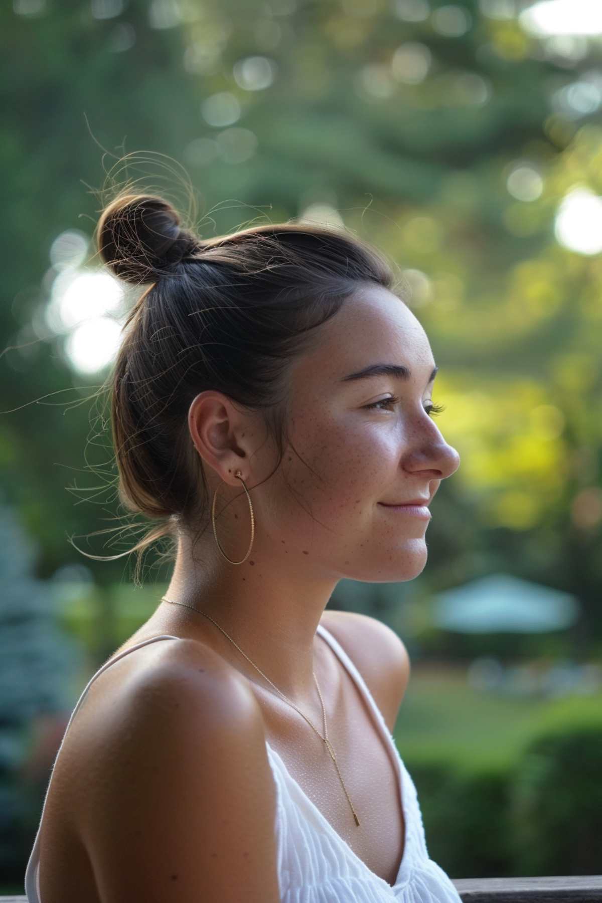 Woman with low maintenance top knot hairstyle for hot weather