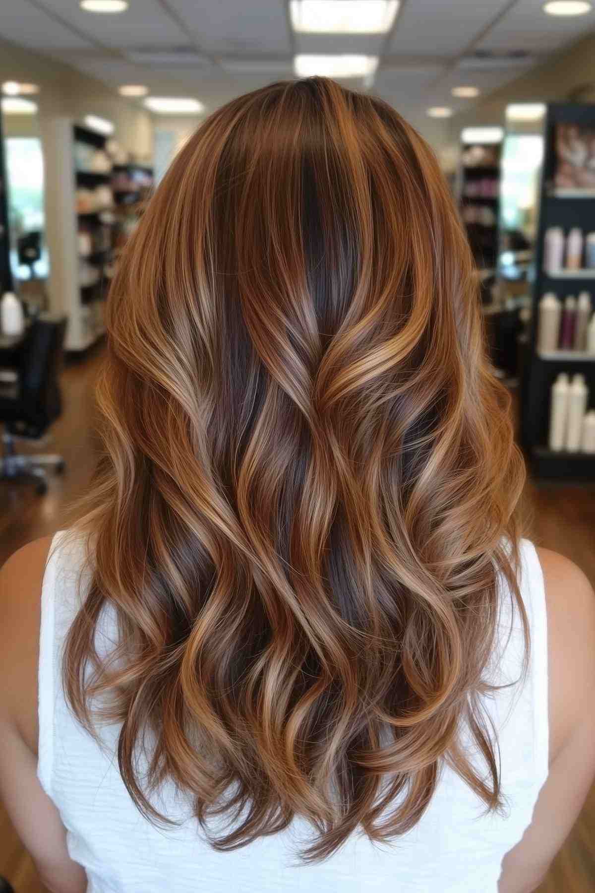 low maintenance warm auburn hair with caramel highlights