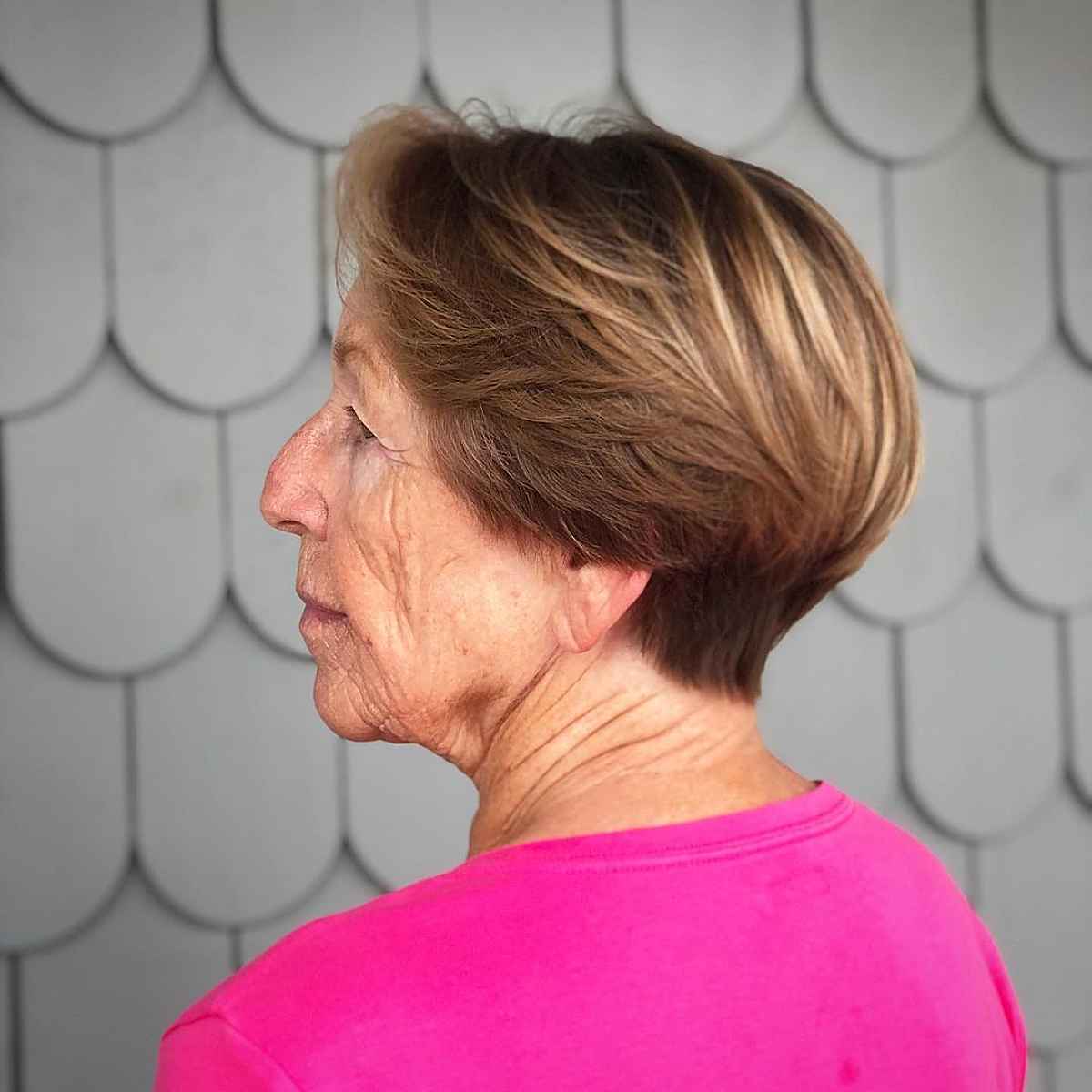 low-maintenance wedge hairstyle for a 60-year-old woman