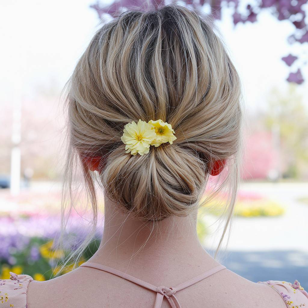 Messy low bun with yellow flower accessory, simple spring updo