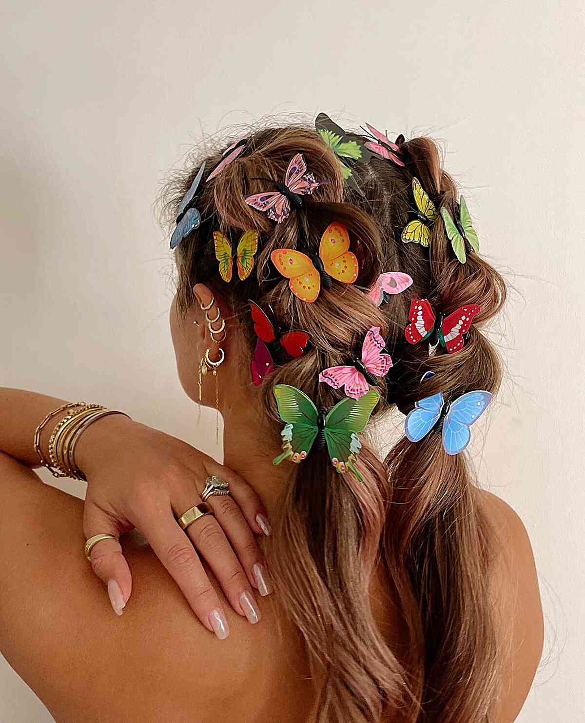 Long Low Pigtails with Huge Butterfly Clips for Festivals