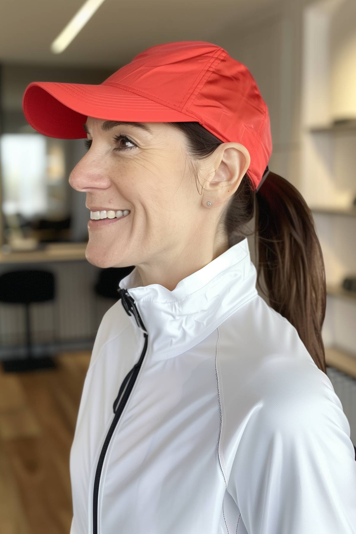 Low ponytail hairstyle with cap, ideal for outdoor workouts