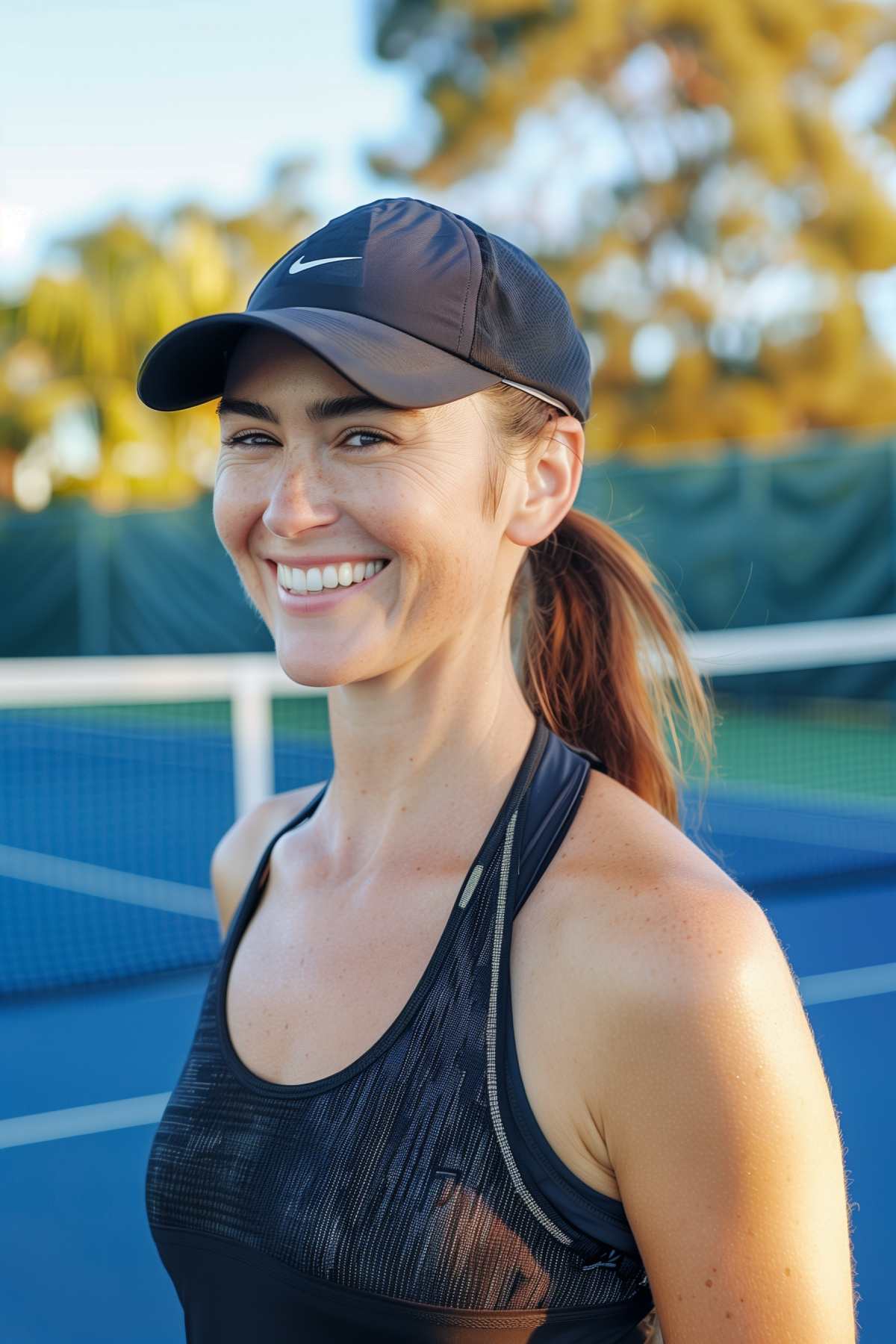 Low ponytail with cap for sun protection during tennis