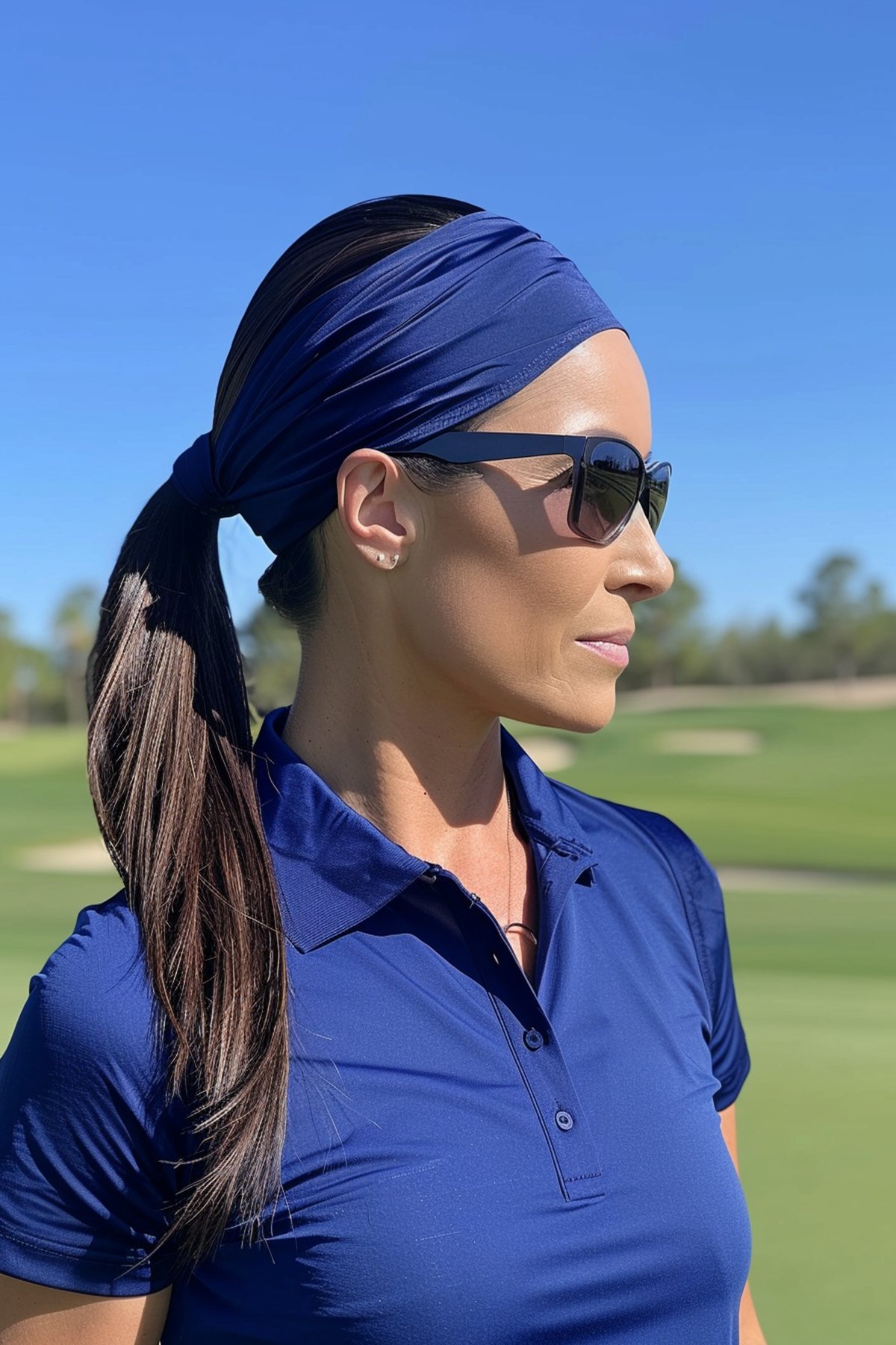 Woman with low ponytail and head scarf for golfing