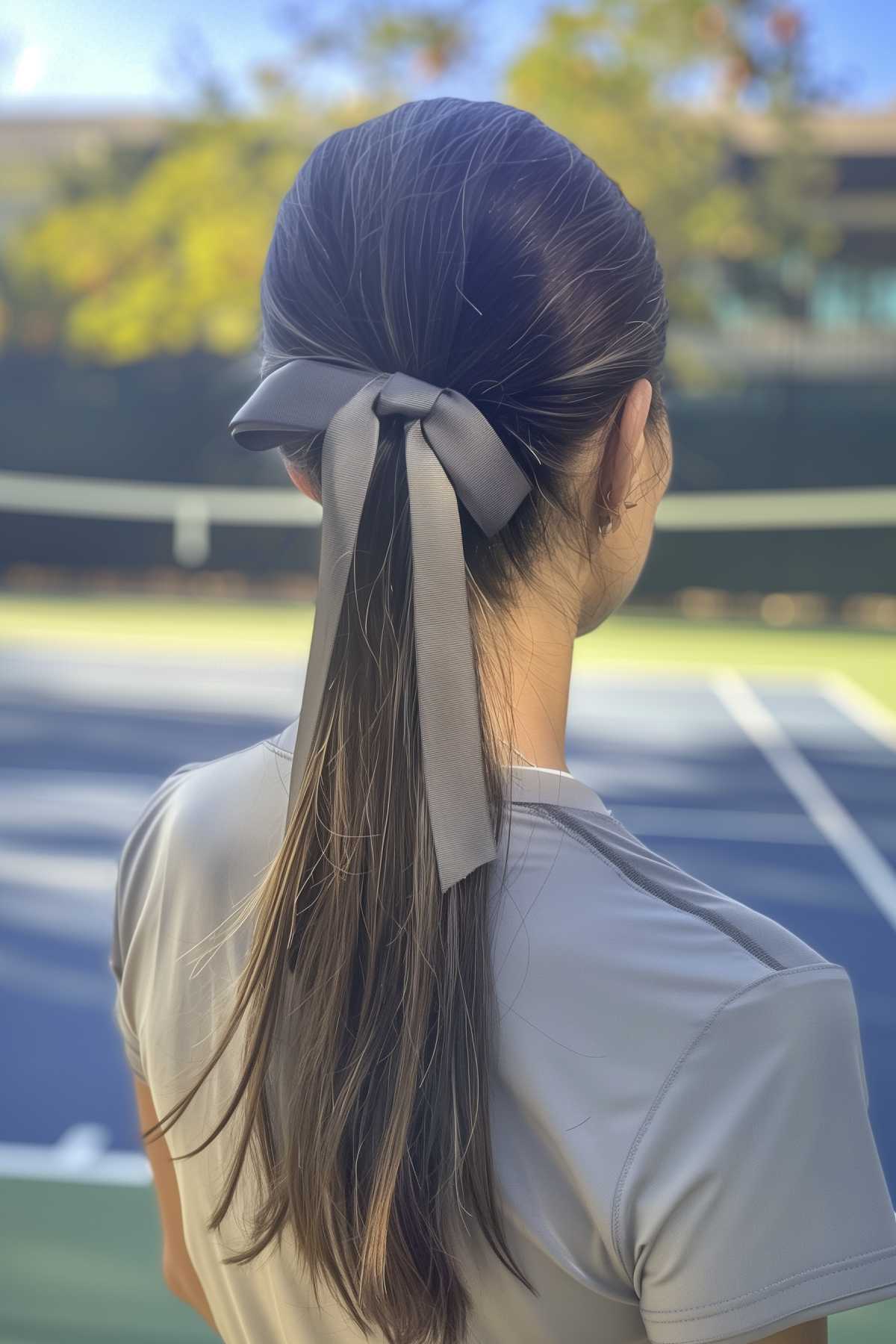 Low ponytail with ribbon for a classic and elegant look on the tennis court