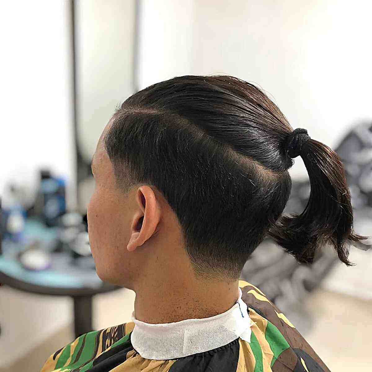 Low Tapered Long Hair with Pony for Men's Straight Hair