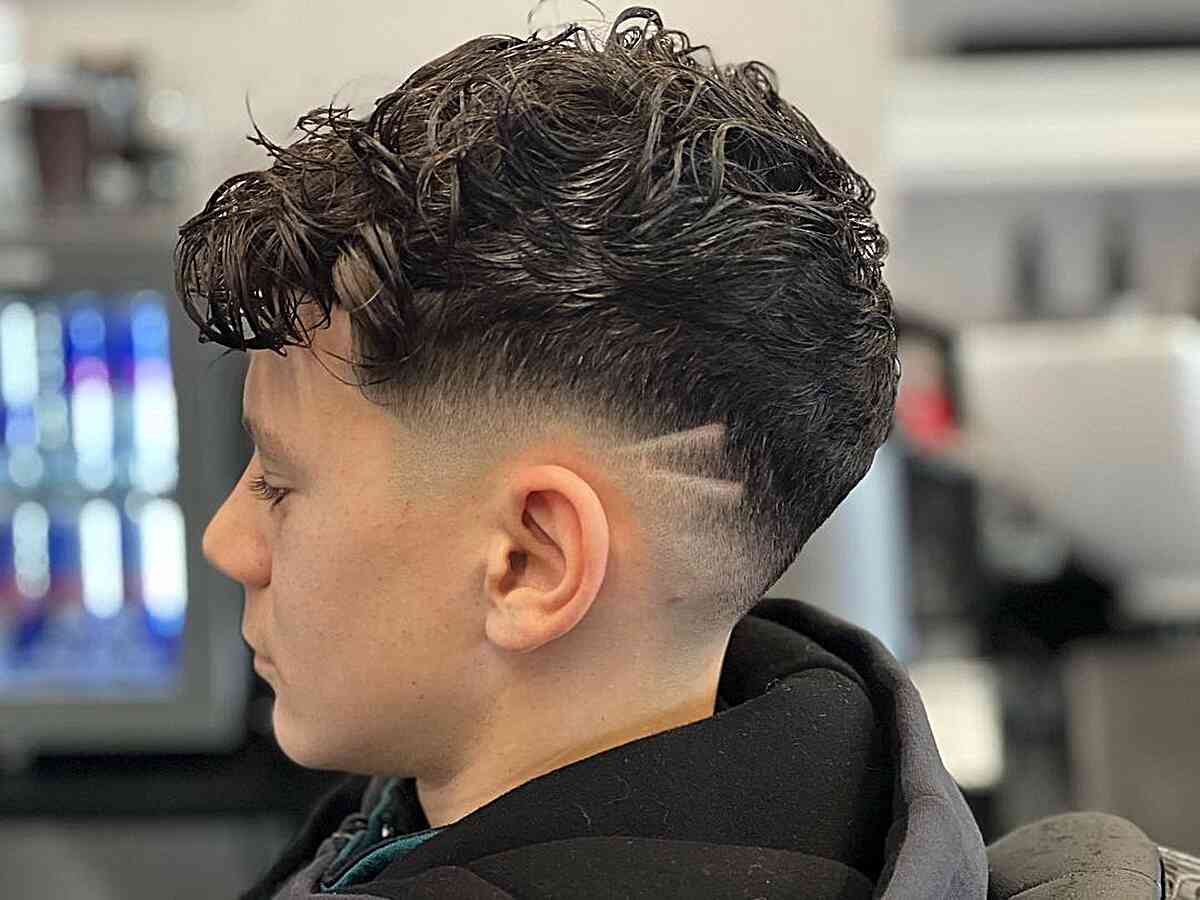 Low Tapered Wavy Hair and Bangs with Shaved Lines on Dark Hair