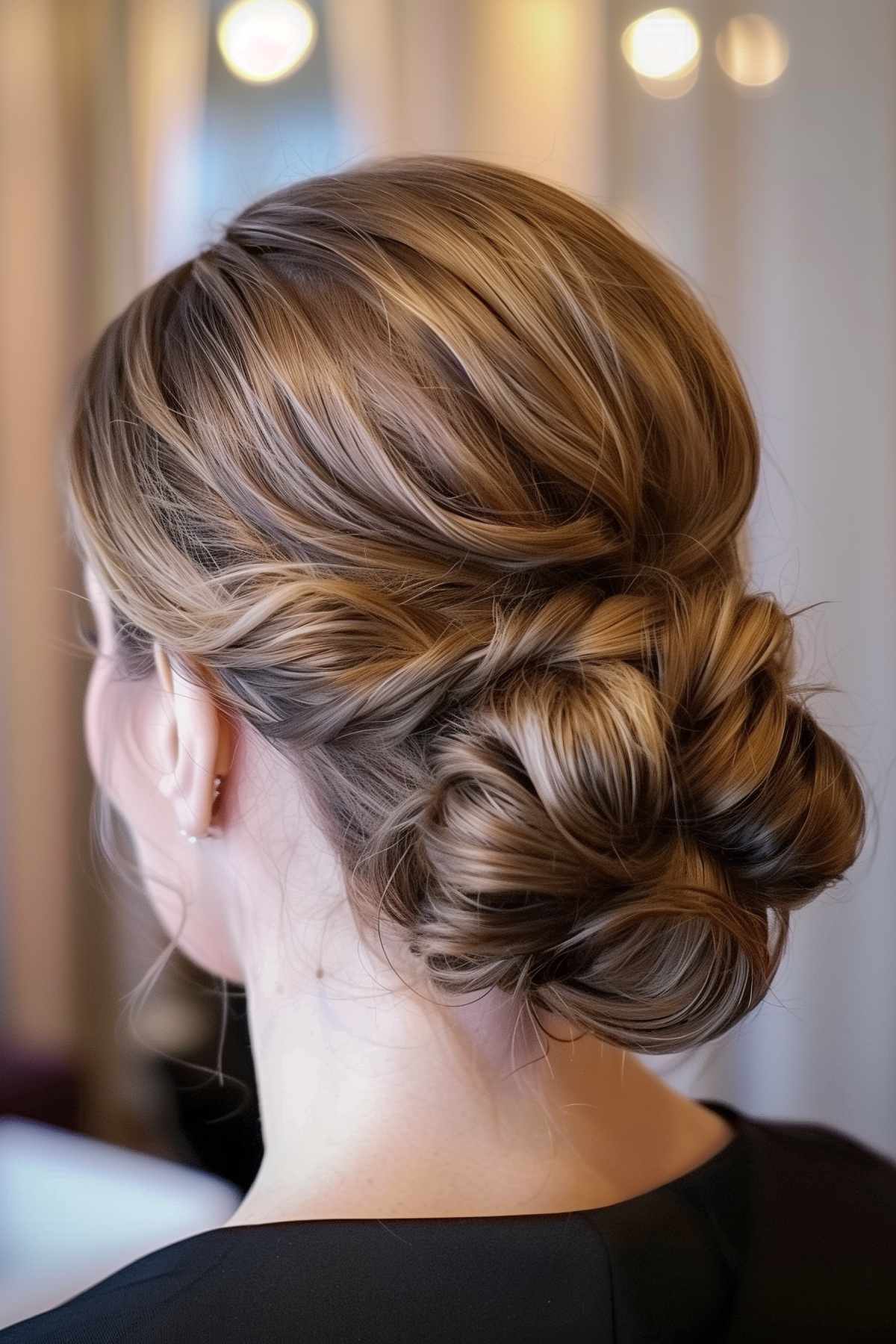 Low twisted bun hairstyle with soft texture for thick hair