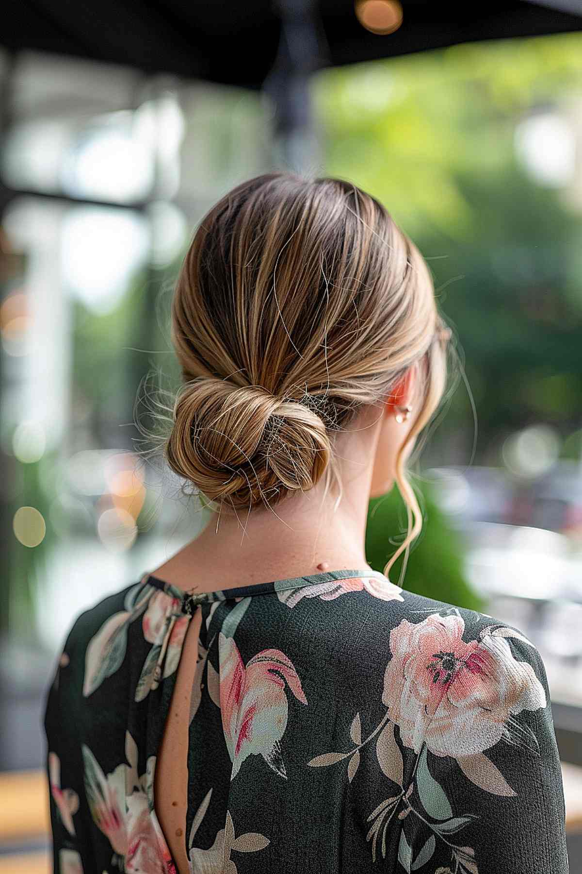 Woman with elegant low updo, ideal summer hairstyle