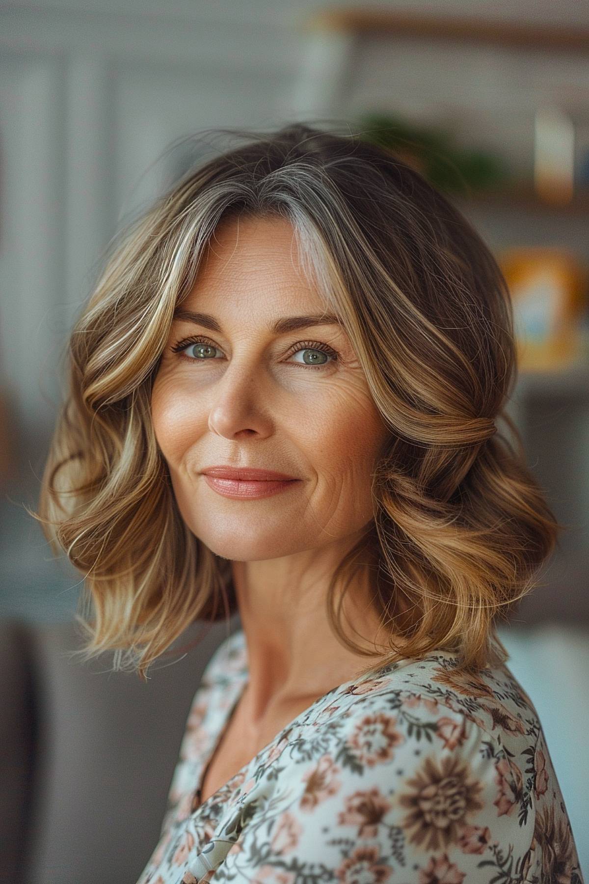 Shoulder-length bob with soft waves and warm highlights