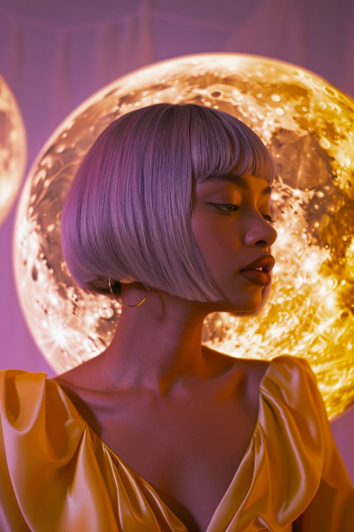 Lunacut haircut featuring a sleek lilac bob with blunt bangs and curved edges