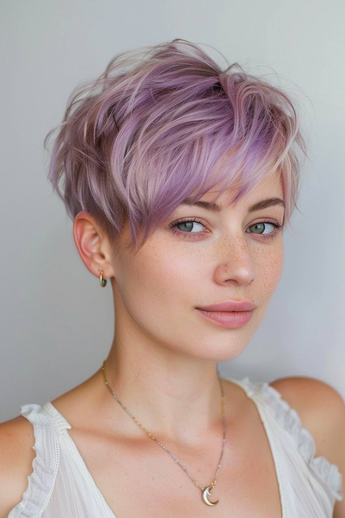 Lunara pixie hairstyle featuring pastel lilac tones and textured layers