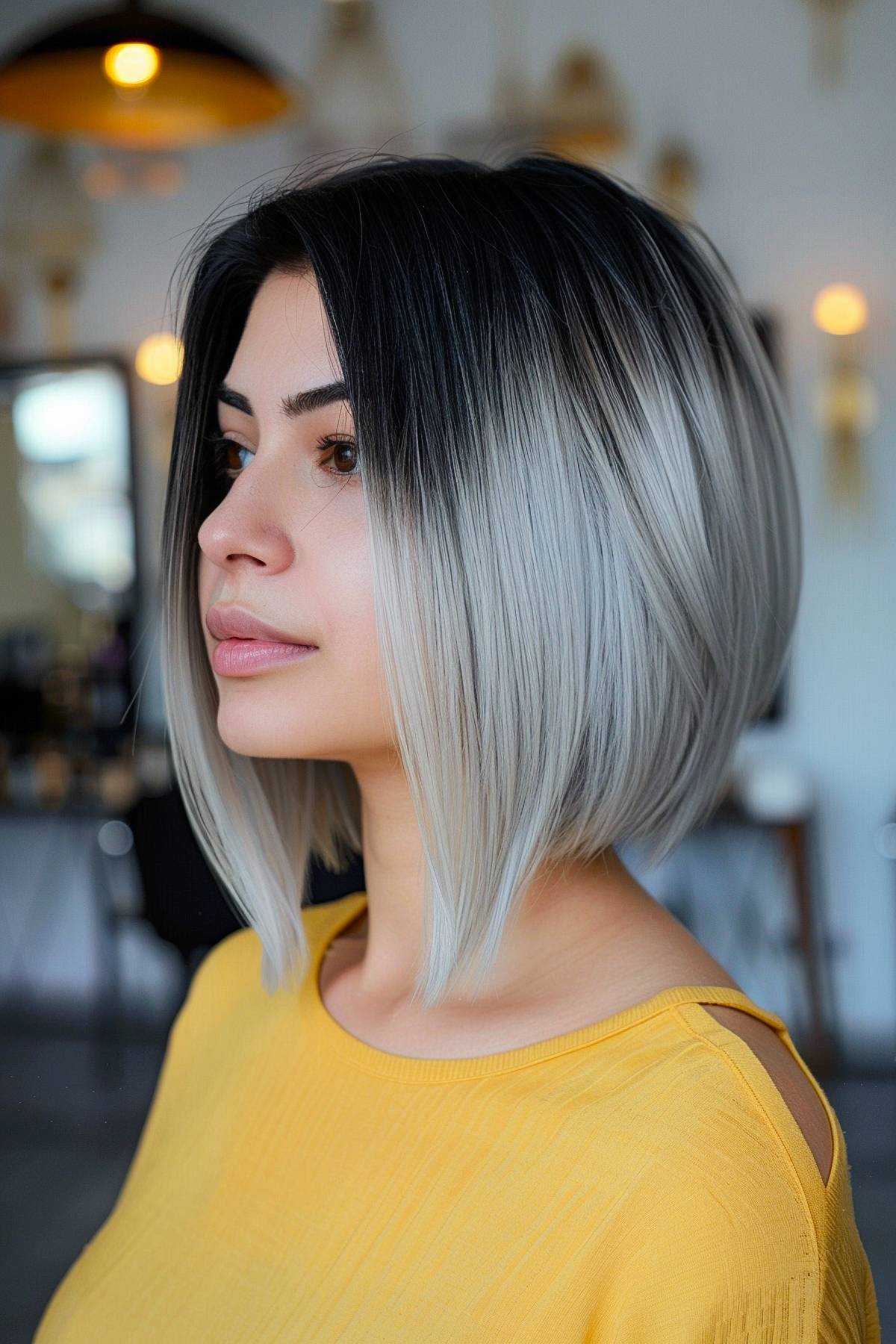 Lunarcut eclipse bob with black-to-silver ombré and angled cut