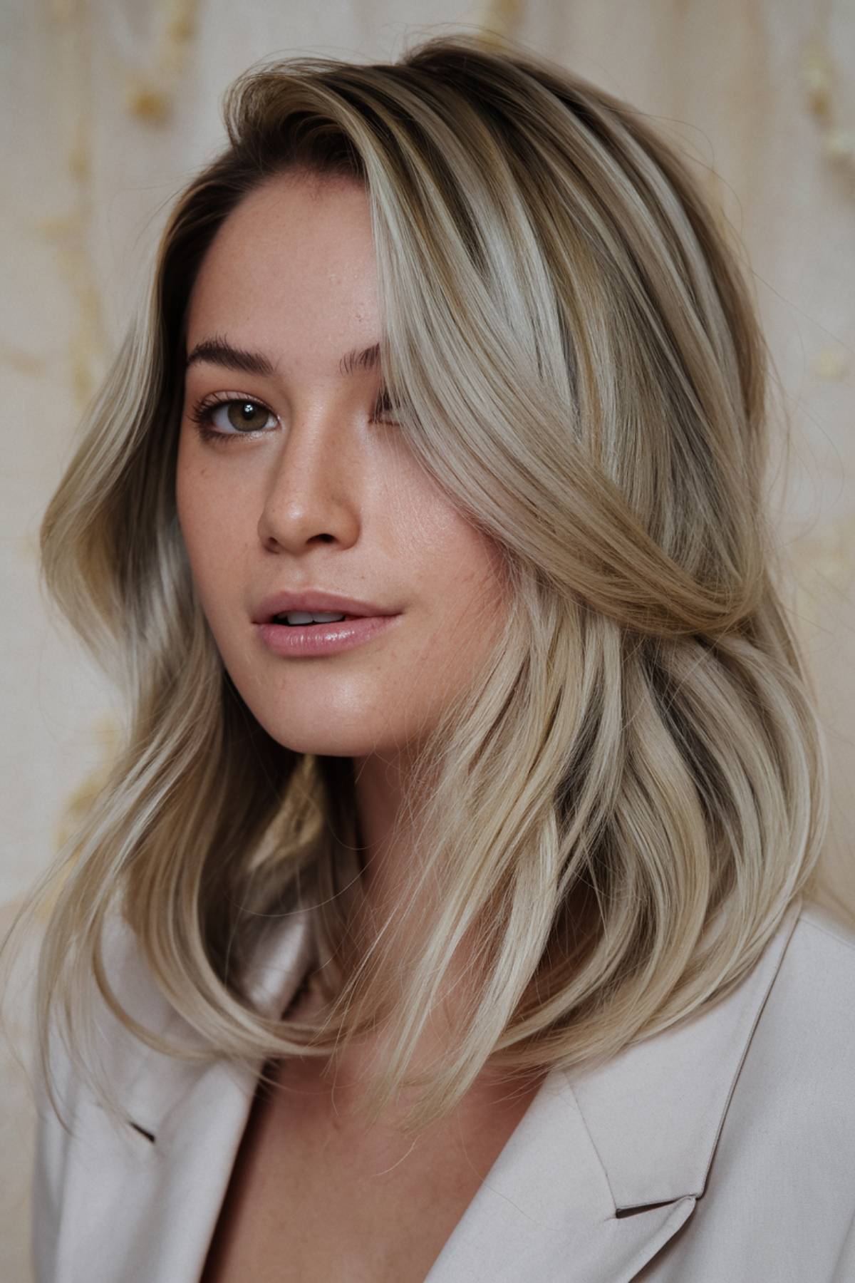 Softly layered medium-length haircut with side-swept volume and blended blonde tones