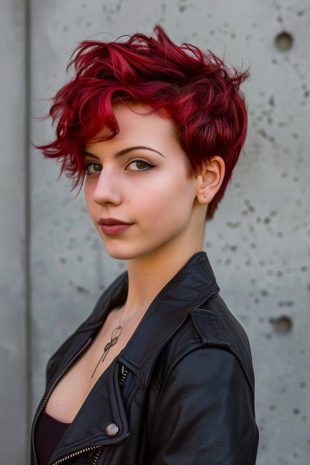 Rich red wavy pixie haircut with dramatic crown