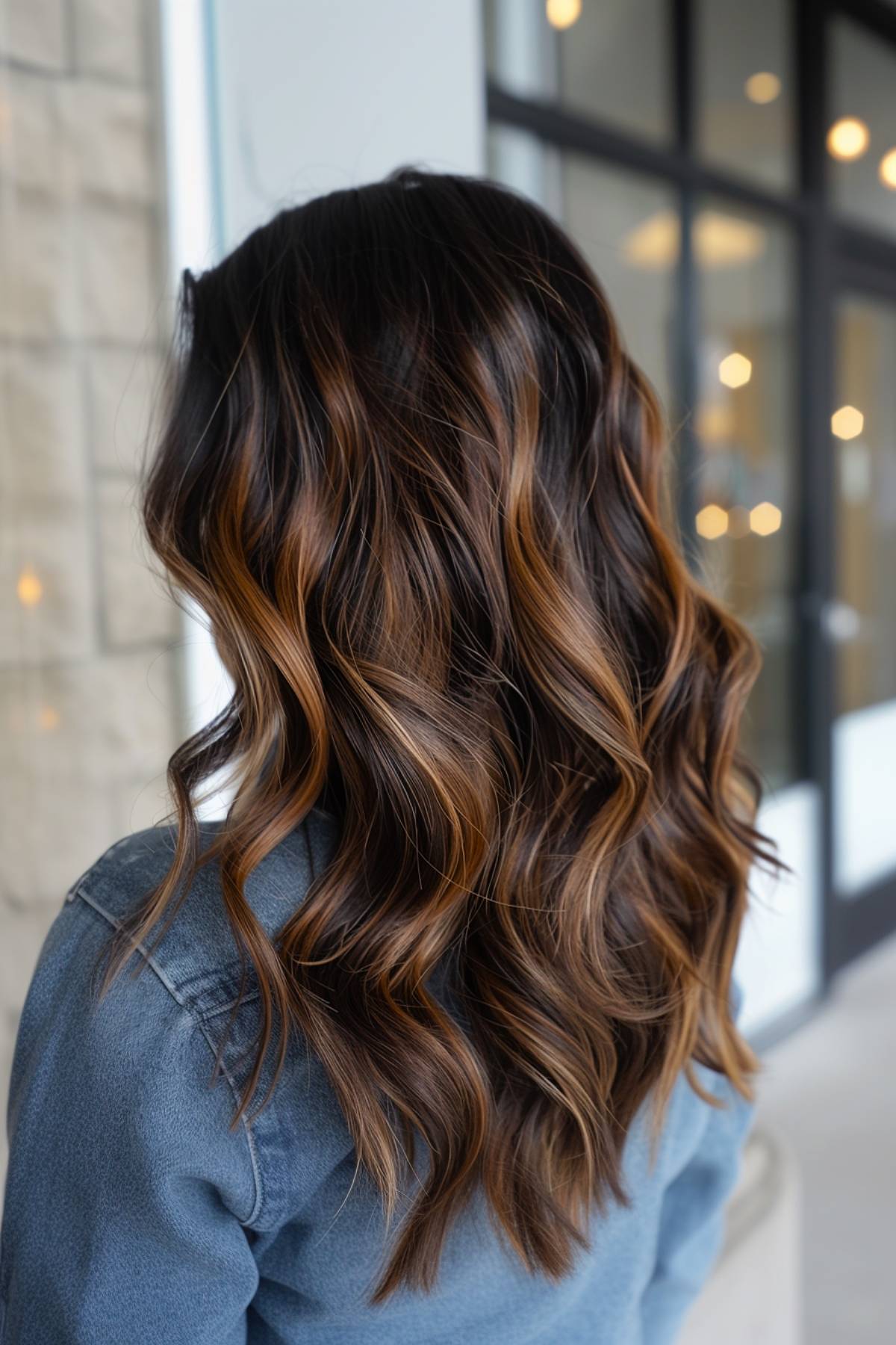 Dark brown hair with golden and caramel highlights, styled in loose, voluminous waves for a radiant and glossy finish